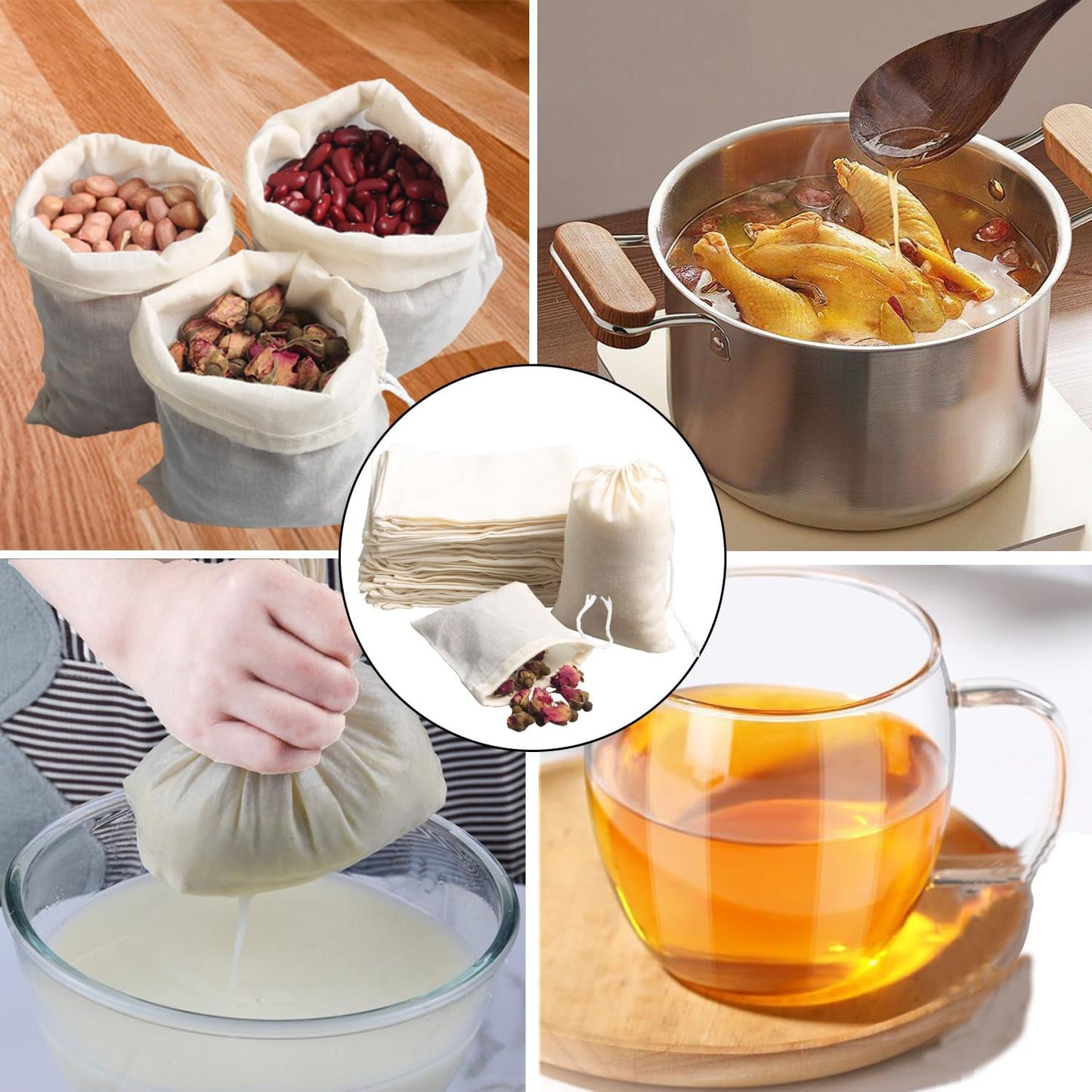 Eketirry Spice Bags, 10pcs Reusable Empty Tea Bags, Muslin Strainer Bags, Soup Bags for Cooking, Natural Cotton Fine Mesh Cheesecloth Bags for Cold Brew Coffee(3 x4" &5 x6.3")