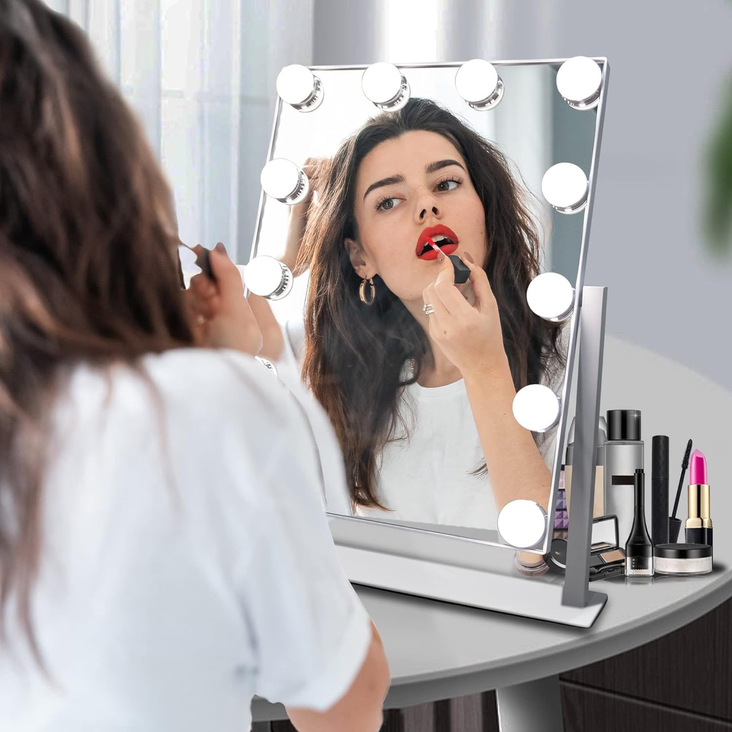Hollywood Vanity Mirror with Lights, 12 Dimmable LED Bulbs Lighted Makeup Mirror with Detachable 10X Magnification Mirror, 1000mAh Rechargeable, 3 Color Lights, Touch Control