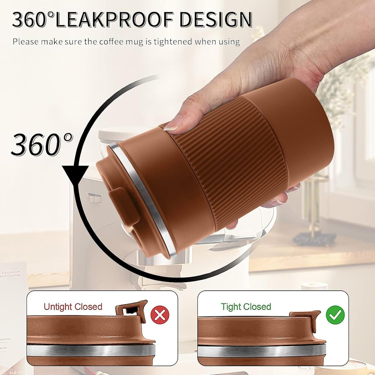 YINBAOGE Insulated Travel Coffee Mug Spill Proof Leak Proof Pobtable To Go Camping Stainless Steel Coffee Tumbler Reusable Coffee Cups with Lids Thermos for Hot and Cold Drink (Brown, 17 OZ)