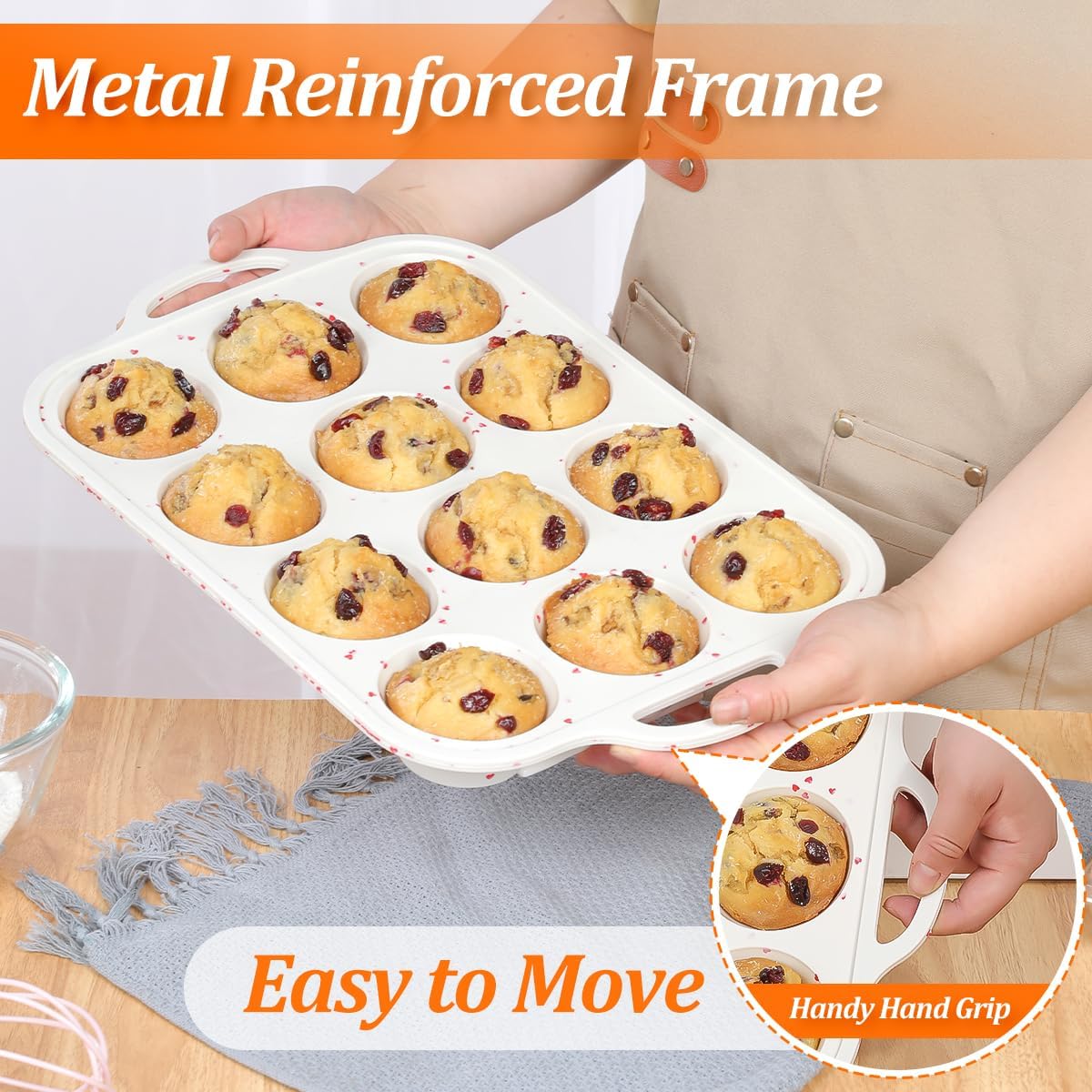 CAKETIME Regular Size Muffin Pan with Metal Reinforced Frame, Silicone Cupcake Pan Easy to Handle Nonstick 12 Cups Silicone Muffin Pans for Baking BPA Free 2 Pack