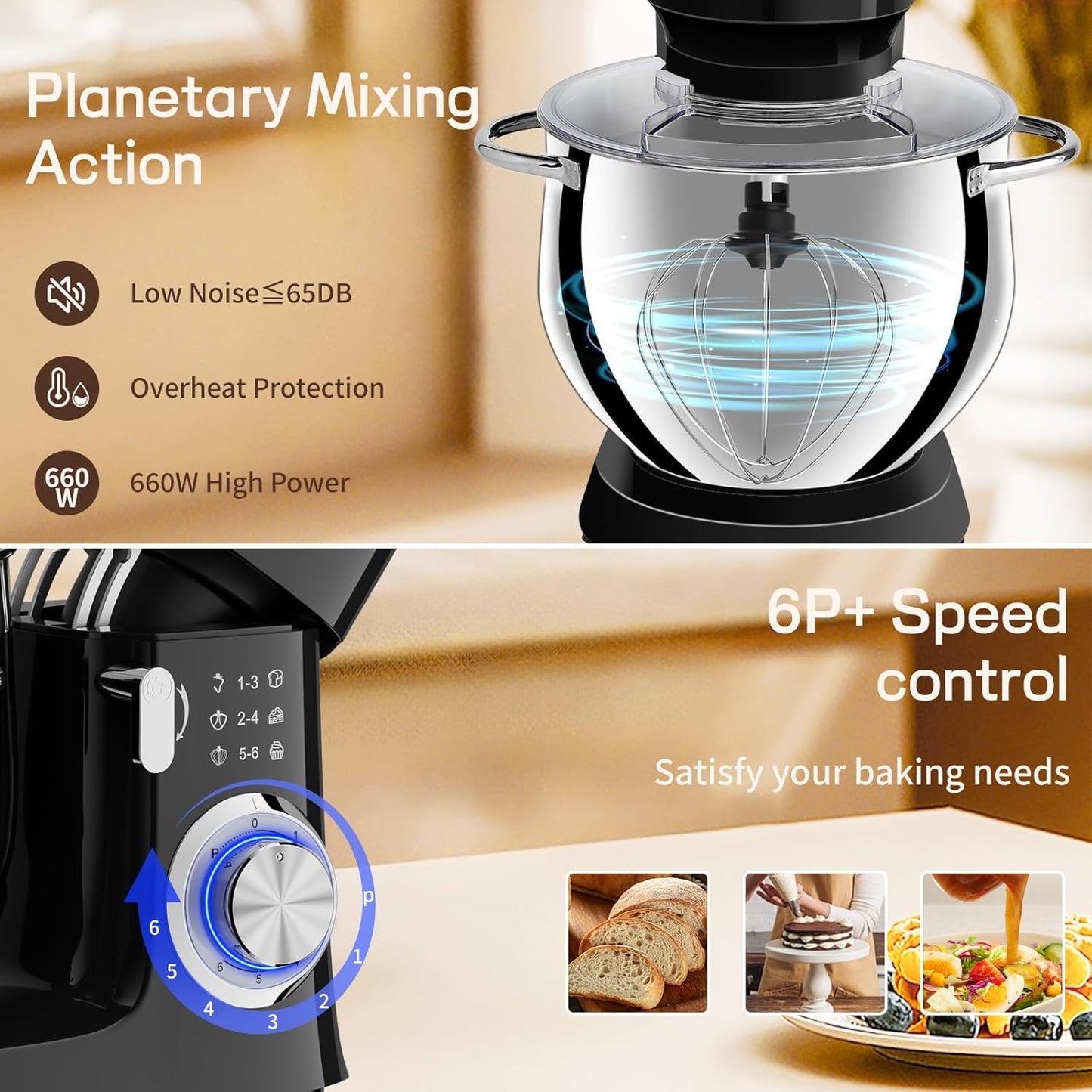 SEEDEEM 8.5 Qt Stand Mixer, 660W 6+P Speeds Electric Stand Mixer, Tilt-Head Kitchen Mixer with Dishwasher-Safe Dough Hook, Wire Whip & Beater for dough mixer Baking Daily Use, Black