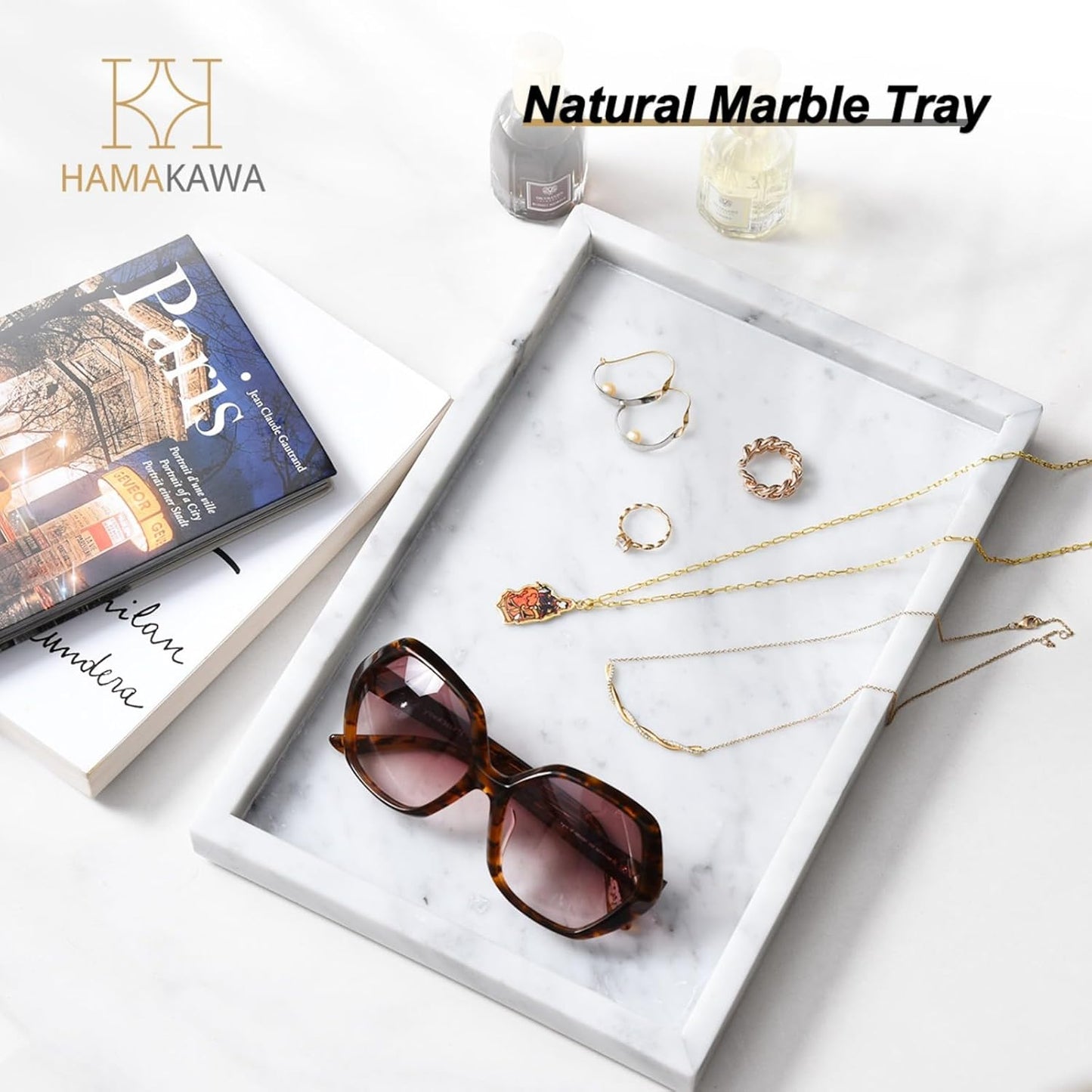 Large Bathroom Vanity Tray, Real Natural Marble Sink Tray 12 Inch, Carrara White Limestone Dresser Tray, Modern Countertop Organizer for Soap Dispenser, Kitchen Counter