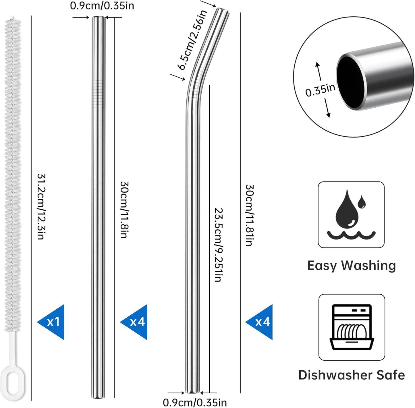Tomorotec 8PCS 12" Stainless Steel Straws 4 Bent & 4 Straight for 40oz Stanley Tumblers, Reusable Food-Grade Drinking Straws with Cleaning Brush for Smoothies, Milkshakes, Iced Coffee, Dishwasher Safe