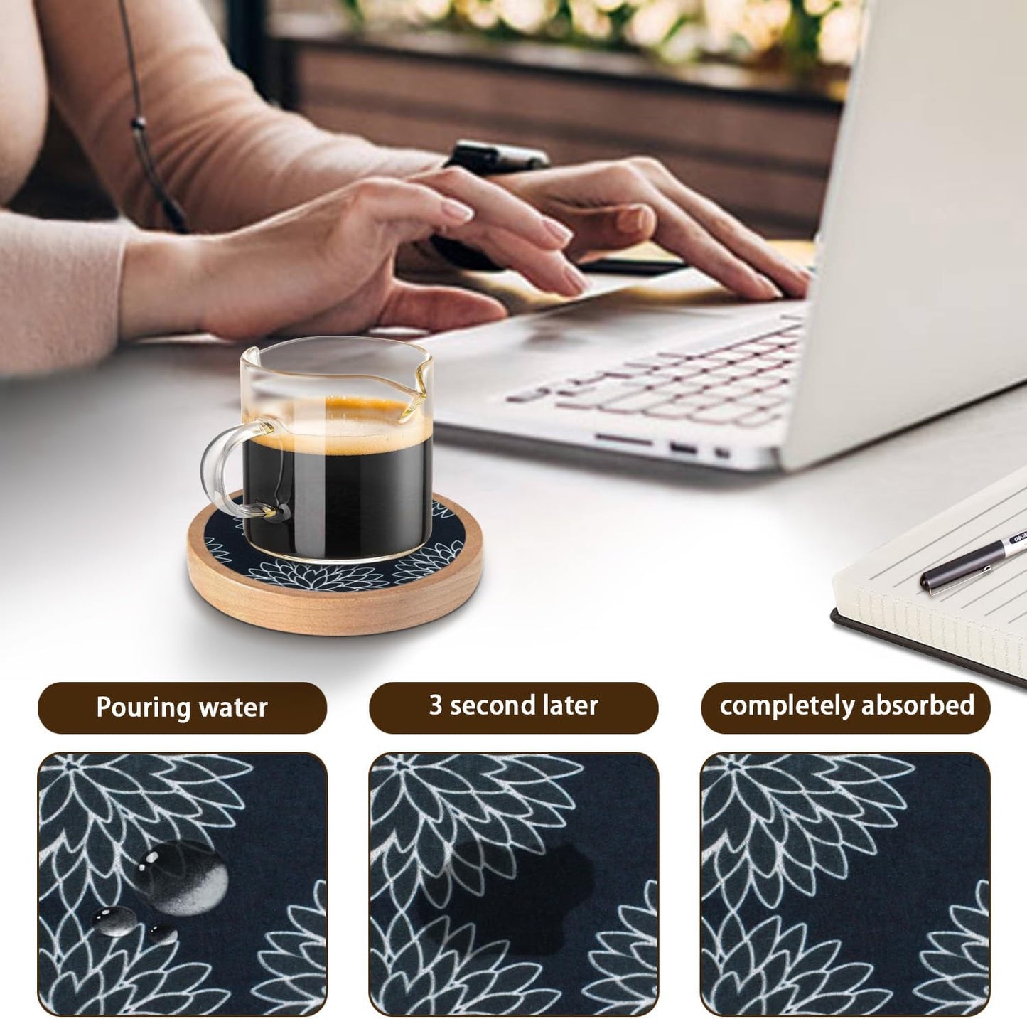Wood Coasters Set of 4 with Holder, Cewiru Cup Mat for Drinks, Absorbent Coasters with Felt Insert for Coffee Table Protection, Modern Style Home Dining Table Decor, 4.3" Black