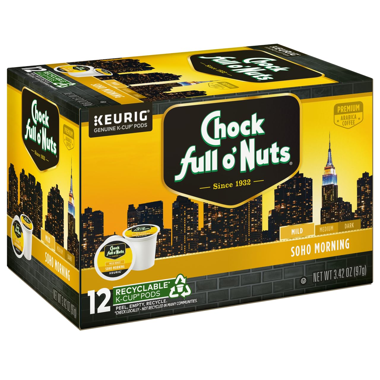 Chock Full o'Nuts Soho Morning Coffee, Mild Roast, Compatible with K-Cup Pods, 12 CT (Pack of 2)