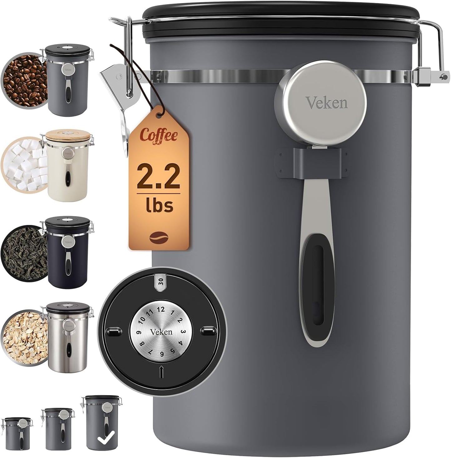 Veken Coffee Canister, 39OZ Large, Airtight Stainless Steel Food Storage Container for 2.2lbs Coffee Beans, Ground, Sugar, Tea, Flour, Rice, Cereal, Cookies Jars, Bar Accessories & Gifts, Gray