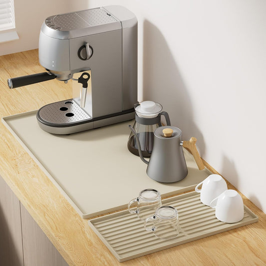 Golener Silicone Coffee Mat Set - 24" x 16" Coffee Bar Mat for Countertop, Kitchen Station Pad Accessories Fit Under Cafe Maker Espresso Machine, Dish Drying Mat, Heat Resistant Kitchen Pad, Beige