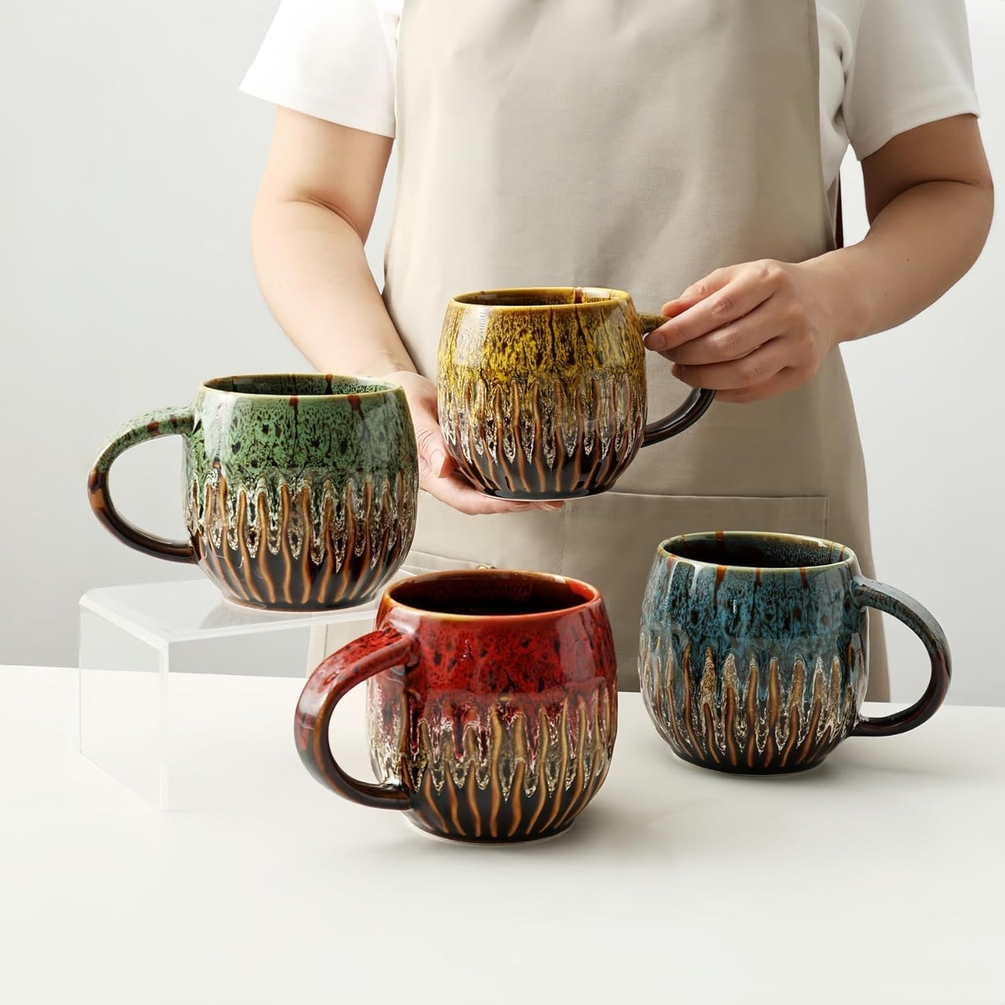 20oz Raku Glaze Coffee Mug - Unique Handcrafted Look Ceramic Cup, Large Tea Mug, Microwave & Dishwasher Safe (blue)