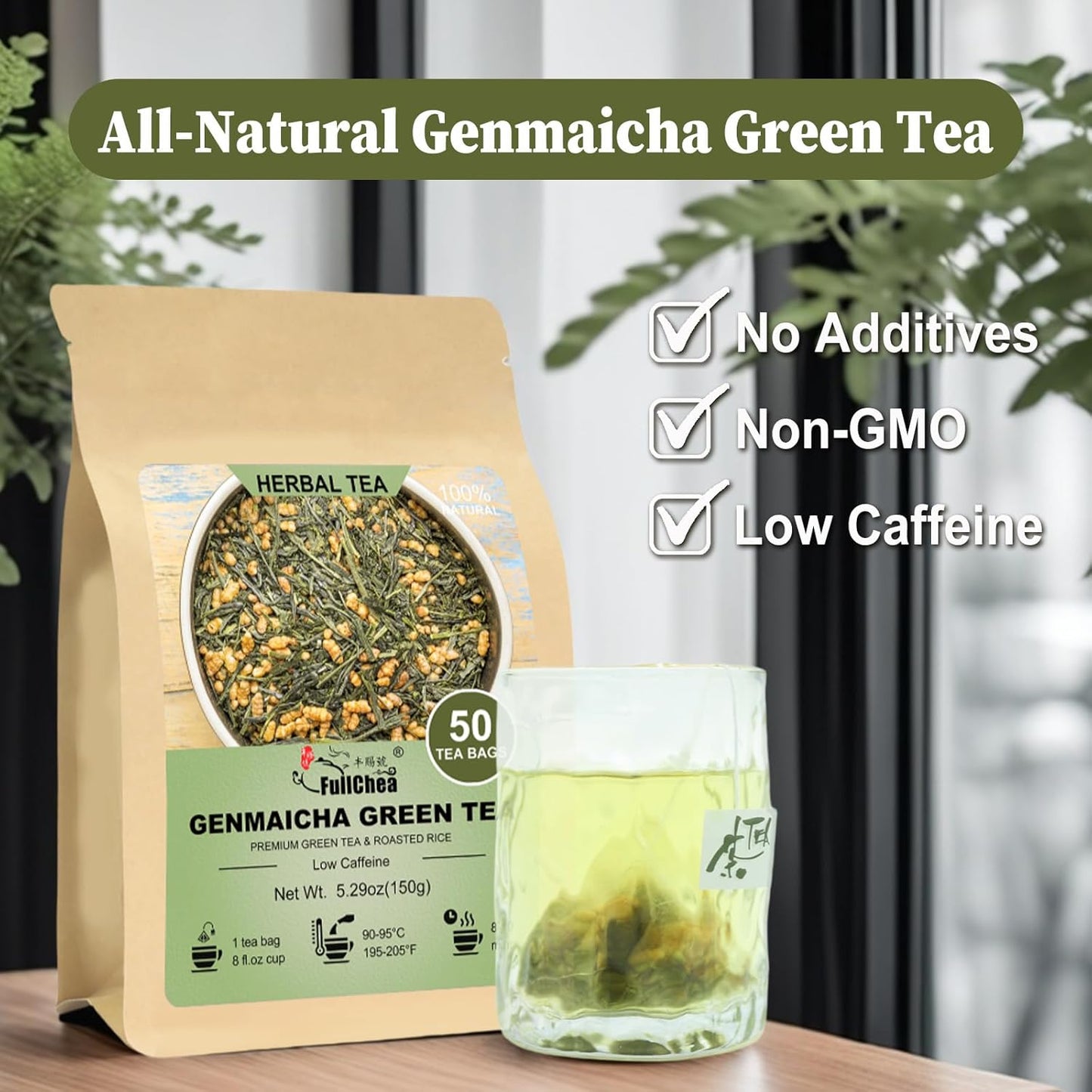 FullChea - Genmaicha Tea bags, 50 Teabags - Genmaicha Green Tea with Roasted Rice, Nutty & Refreshing - Low Caffeine - Soothing & Digestive, Perfect for Daily Relaxation