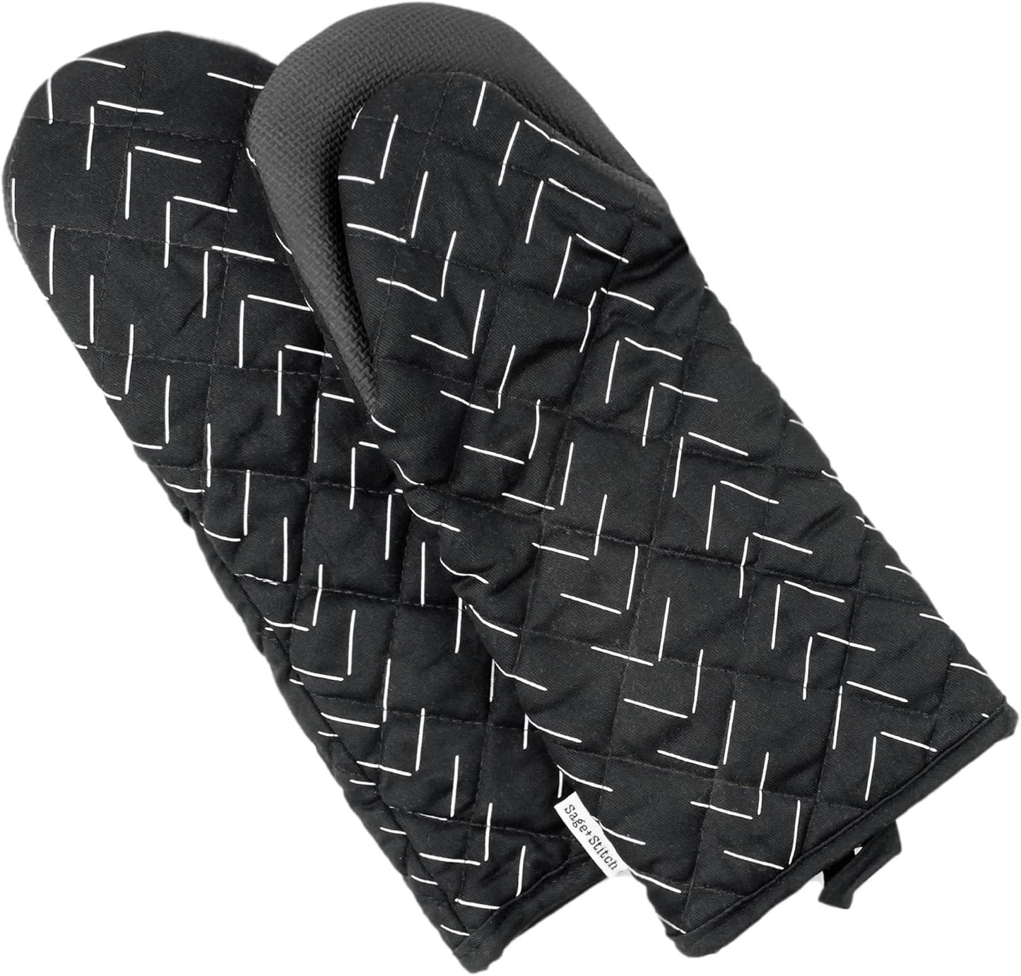 Heat Resistant Designer Kitchen Oven Mitts with Neoprene Non-Slip Grips and Hanging Loops | Set of 2 100% Cotton Long Sleeve Kitchen Oven Mitts | 5.5" x 12" | Black