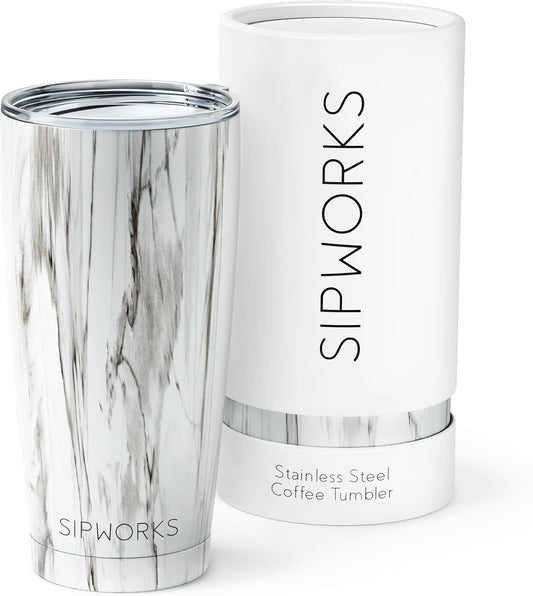 Stainless Steel Coffee Tumbler: Double-Wall Vacuum Insulated Spill-proof Travel Mug Metal Coffee Cup with Lid, 20-Ounce White Marble