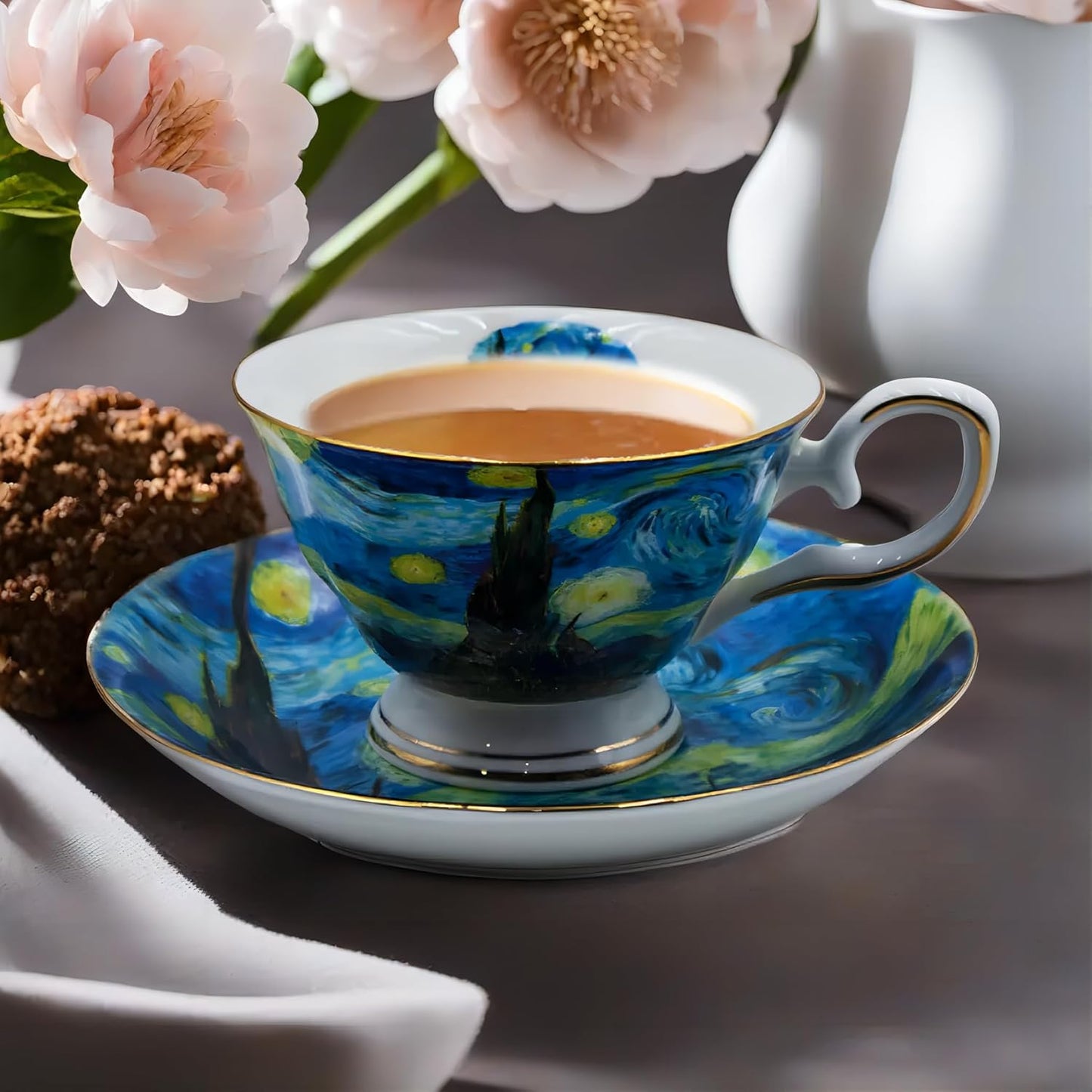 Floral Tea Cups Saucers Set of 2, Bone China 7 oz British Teacups Porcelain Van Gogh Coffee Cup for Rose Tea Cappuccino Espresso Latte (Starry Sky & Starry Sky)