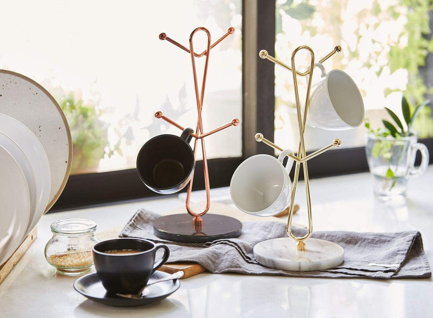 JEmarble Mug Holders with Copper Plated Standing - White Countertop Mug Tree, Coffee & Tea Cup Storage Rack, Coffee Counter Bar Accessory & Kitchen Organizer