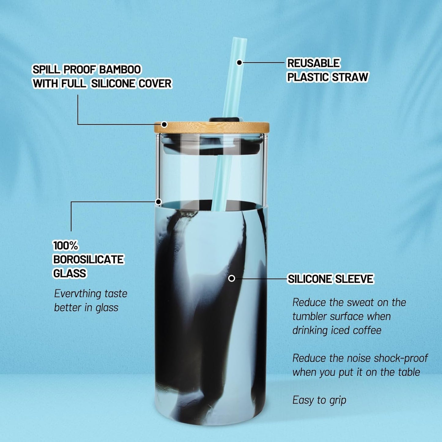 Tronco 24 oz Glass Tumbler with Straw and Lid - Glass Cup with Lid and Straw, Smoothie Cup, Iced Coffee Cup - Bamboo Lid and Protective Silicone Sleeve - BPA-Free