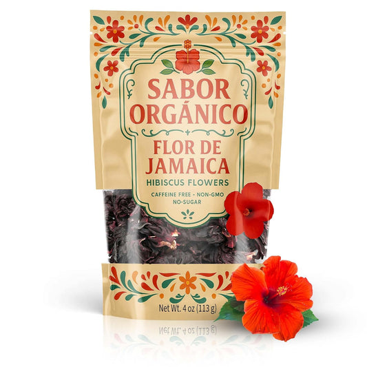 4oz Dried Hibiscus Flowers perfect for Tea and Mexican Agua de Jamaica | Flor de Jamaica Organica Natural | Flor de Jamaica Non-GMO, No Preservatives Resealable Stand-up pouches | by Sabor Orgánico