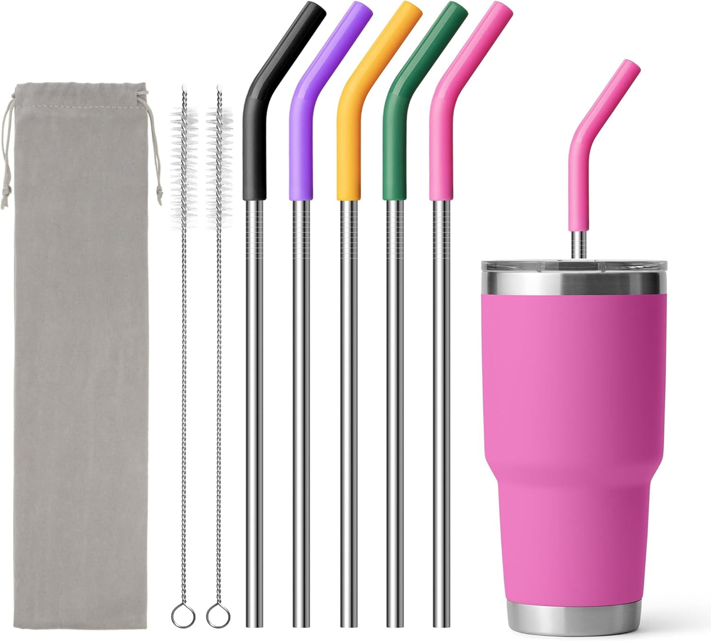 30 oz Straw for YETI Tumbler, Metal Straight Straws Reusable with Silicone Tip for BJPKPK, RTIC, WETOWETO, Beast 30 oz Tumbler, Cleaning Brush, 1 Portable Bag