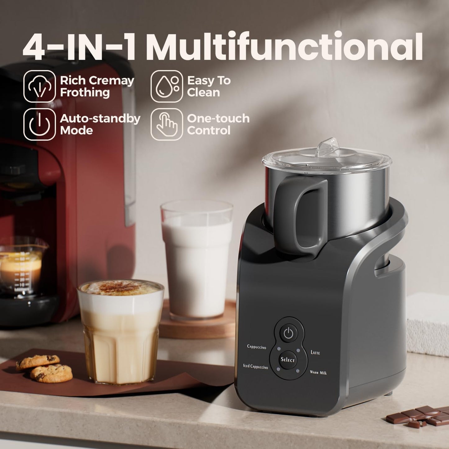 Milk Frother - Electric Steamer, 4-in-1 Automatic Warm and Cold Cappuccino Foam Maker, 12.5oz Milk Warmer for Latte, Macchiato, Stainless Steel