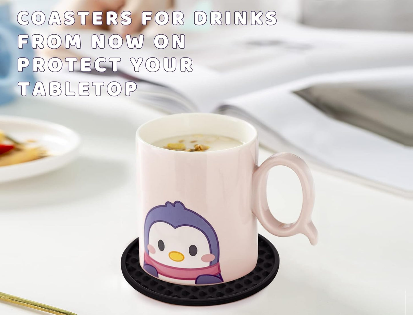 Coasters for Drinks 6 Pack Drink Coaster with Holder,Heat Resistant Silicone Cup Mat Tabletop Protection,Non-Slip Rubber Coasters for Kinds of Cups (Black)