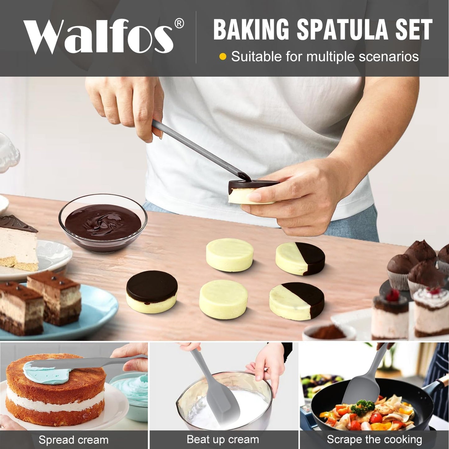 Walfos Silicone Spatula -5 Pieces Heat Resistant Kitchen Spoon Spatulas（600°F), Strong Steel Core and One-Pieces Seamless Design, Prefect for Cooking Mixing Baking - BPA Free and Dishwasher Safe,Gray