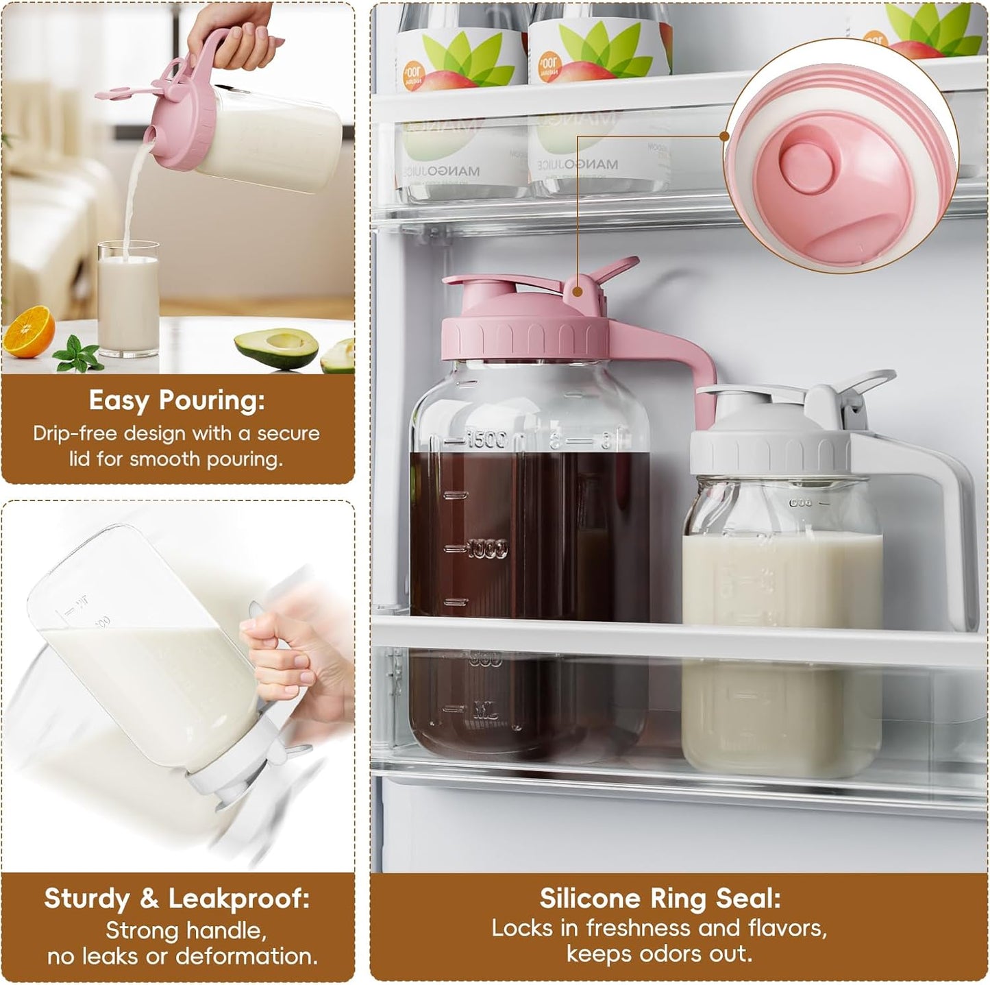 Breast Milk Pitcher Jug - 32 oz Glass Mason Jar Airtight Pitcher with Pour Spout Handle for Breastmilk, Iced Tea, Ice Drinks Storage Container（Pink）