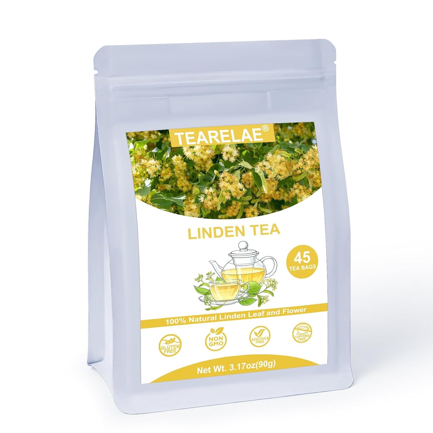 TEARELAE - Linden Tea Bags, 45 Count - Premium Natural Linden Flower & Leaf - Cut & Sifted Te de Tilo - Caffeine-free - Non-GMO - Soothing Herbal Tea for Evening Relaxation