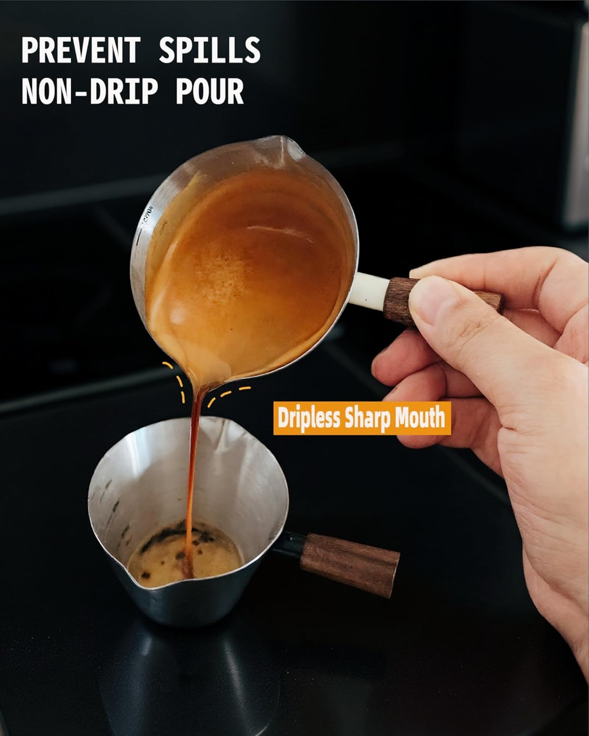 Stainless Steel Espresso Cup - Espresso Shot Cup with Wooden Handle -Measuring Cup with Double Spouts - 4.1OZ/120ML, Black