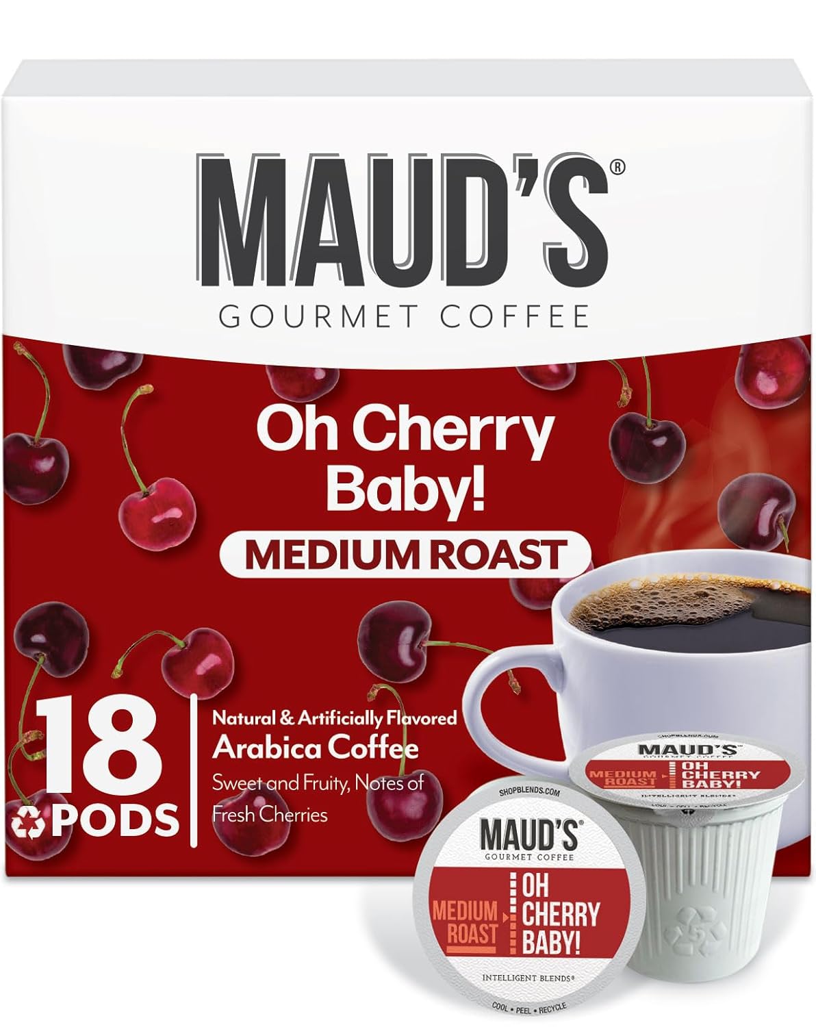 Maud's Cherry Flavored Coffee Pods, 18 ct, Medium Roast Flavored Coffee in Recyclable Single Serve Pods – 100% Arabica Beans, Compatible with Keurig K Cups Maker