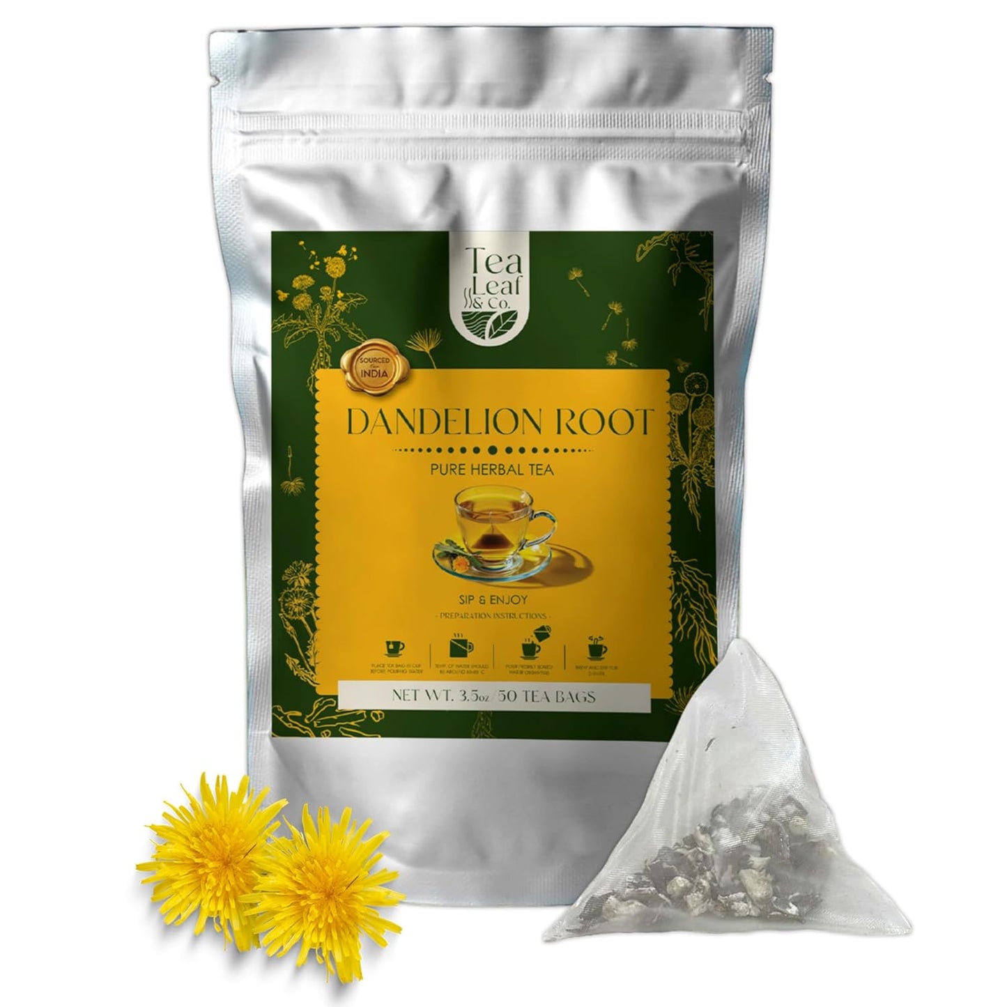 Tealeaf & Co. Dandelion Root Tea with Dried Dandelion Root Extract - Pure Herbal Tea Bags Blended with Fresh Herbs - Flavored Herbal Blend - Low Caffeine - Gluten Free - 50 Teabags