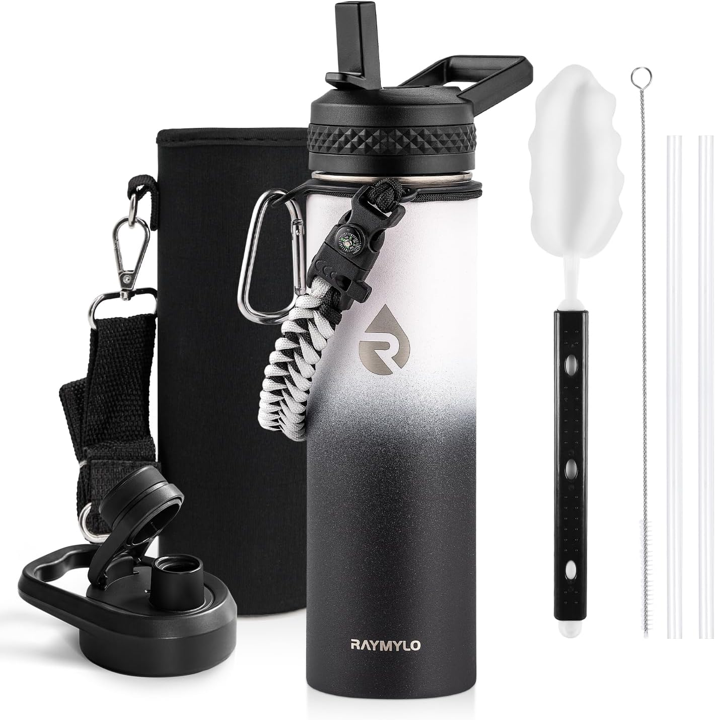 Insulated Water Bottle 20 oz, Triple Wall Vacuum Stainless Steel (Cold for 48 Hrs), Leak Proof & Non-BPA, Kids Water Bottle Jug for School with Straw Spout Lids, Ombre: White/Black