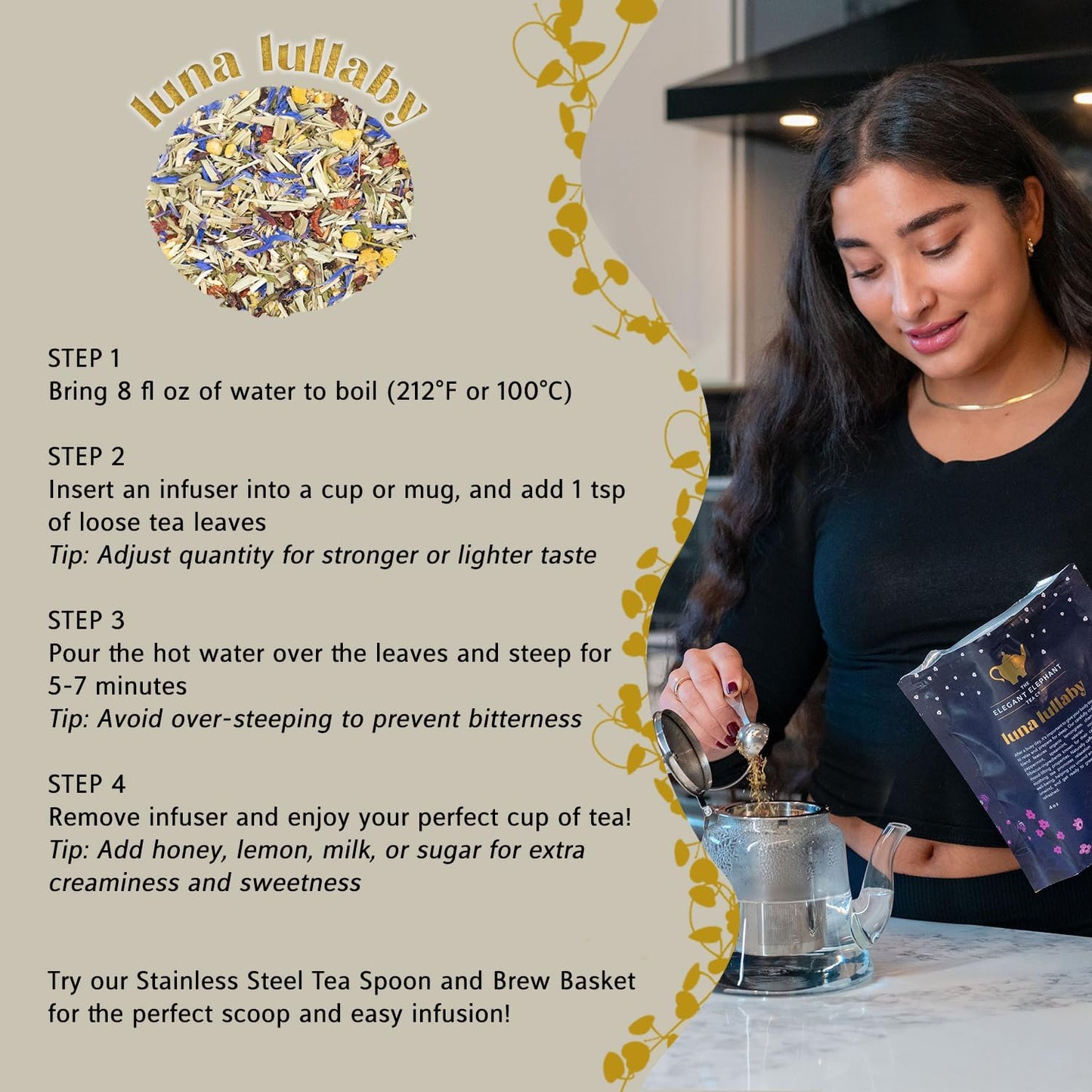 Luna Lullaby Sleep Tea, Organic Loose Leaf Herbal Tea – Calming, Relaxing Bedtime Tea – Chamomile, Valerian Root, Peppermint – 8 oz Resealable Bag (Makes 100 Cups) – The Elegant Elephant