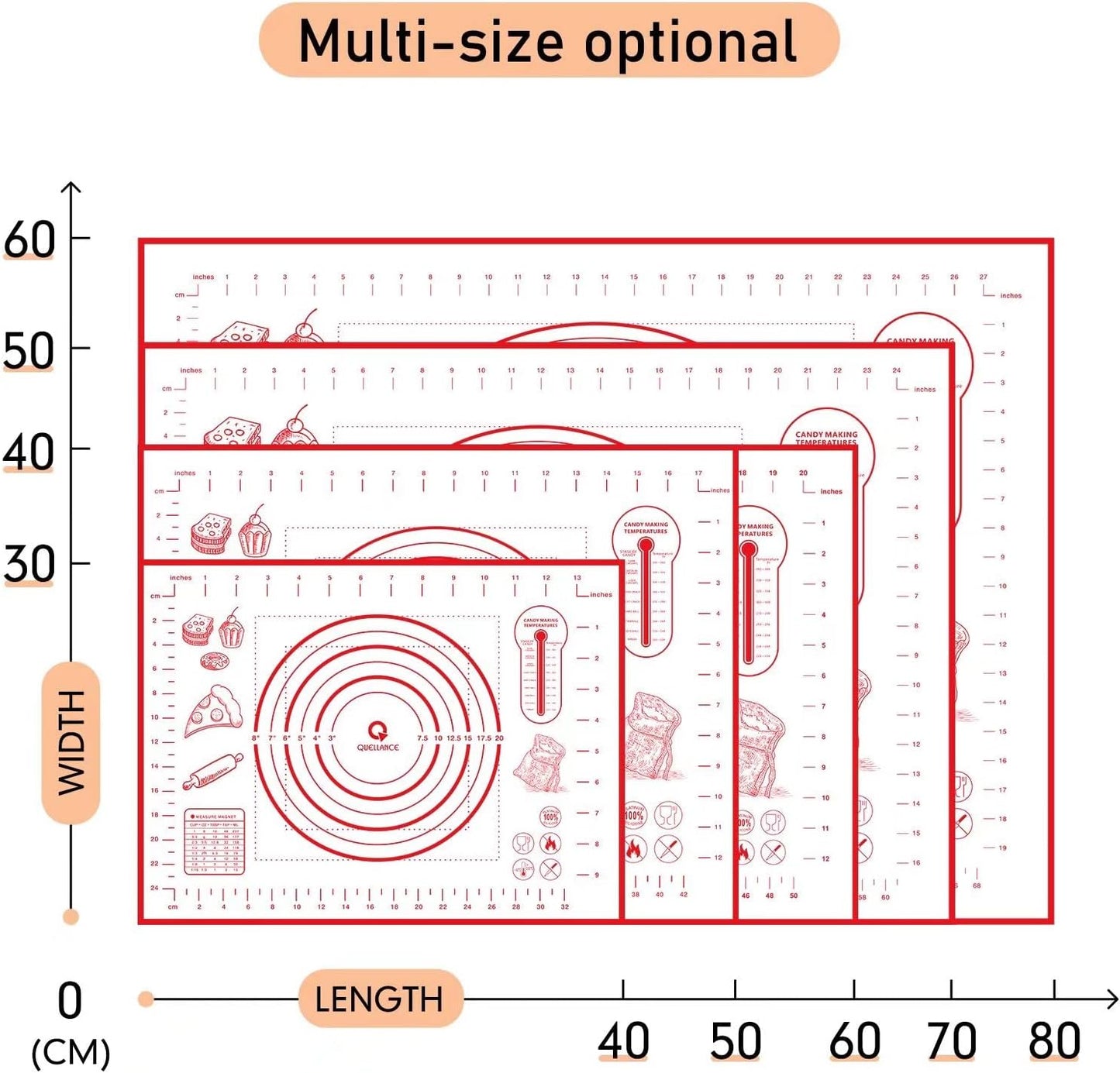 Extra Large Silicone Pastry Mat, Baking Mat with Measurement for Fondant, Rolling Dough, Pie Crust, Pizza and Cookies, Counter Mat/Kneading Matts, Red, 24" x 32"