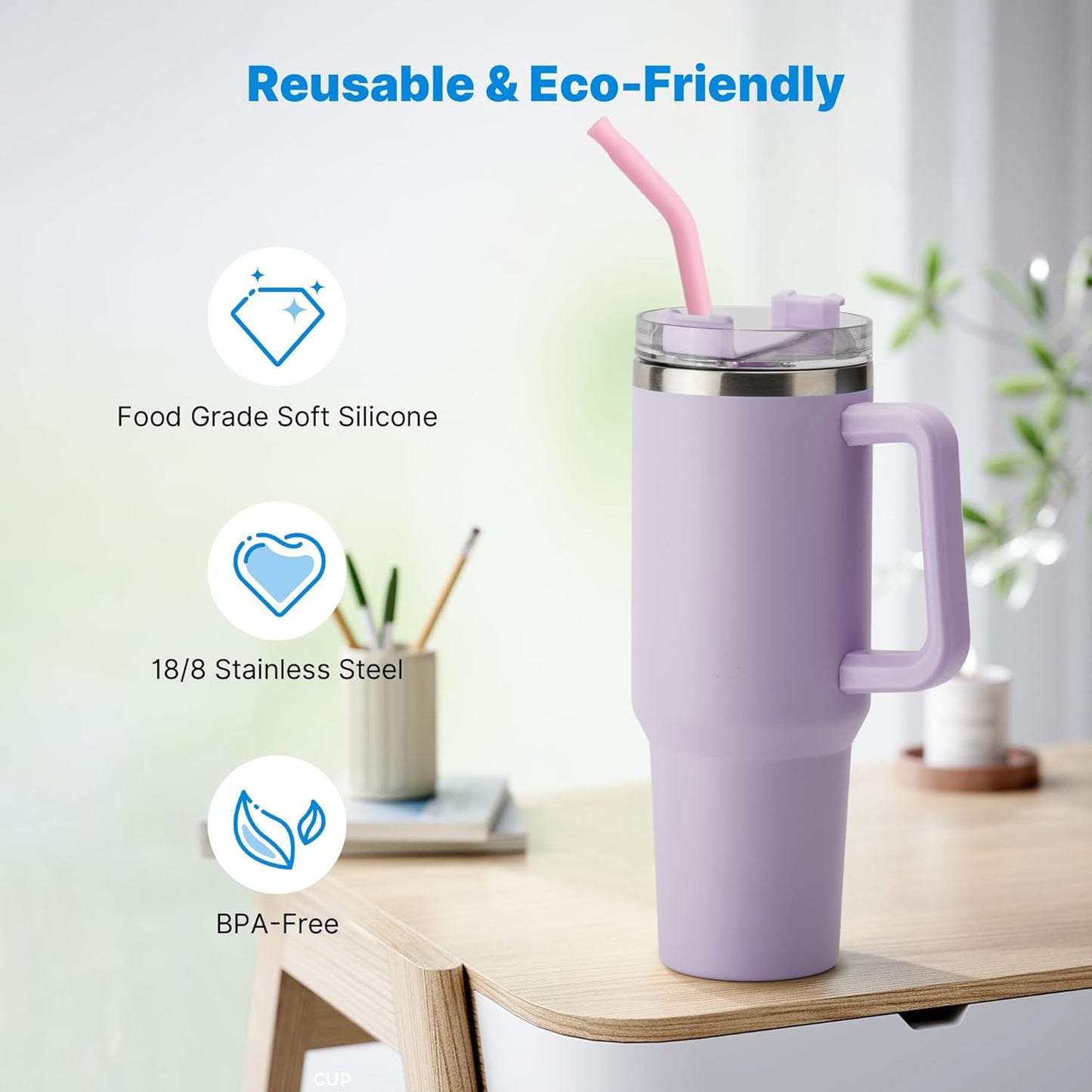 Metal Straw with Silicone Tip for 40oz Stanley Cup, 2 Pcs Stainless Steel Straws Replacement for Stanley 40 oz Adventure Quencher Travel Tumbler Cup, 1 Straw Brush (Mallow Purple)