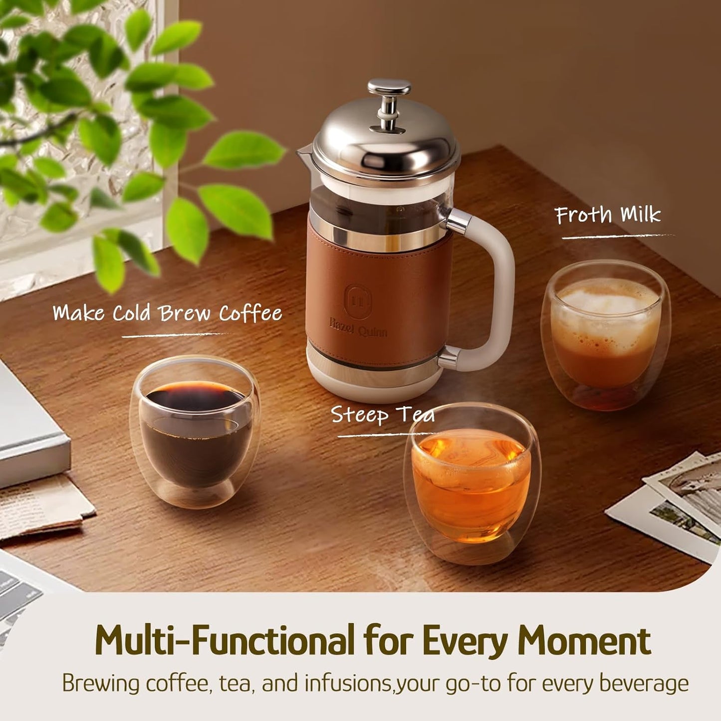 Hazel Quinn French Press Coffee Maker, 450ml/15oz, Heat-Resistant Borosilicate Glass, 304 Stainless Steel, BPA-Free, Easy to Clean, Precision Filtration for Coffee & Tea, Ideal for Home, Travel