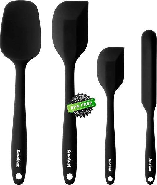 Anaeat 4 Piece Silicone Spatula Set - Seamless One-Pieces Design - Non Stick Rubber Spatulas Kitchen Scraper for Baking, Cooking, Scraping & Mixing, Heat Resistant & BPA Free & Dishwasher Safe (Black)