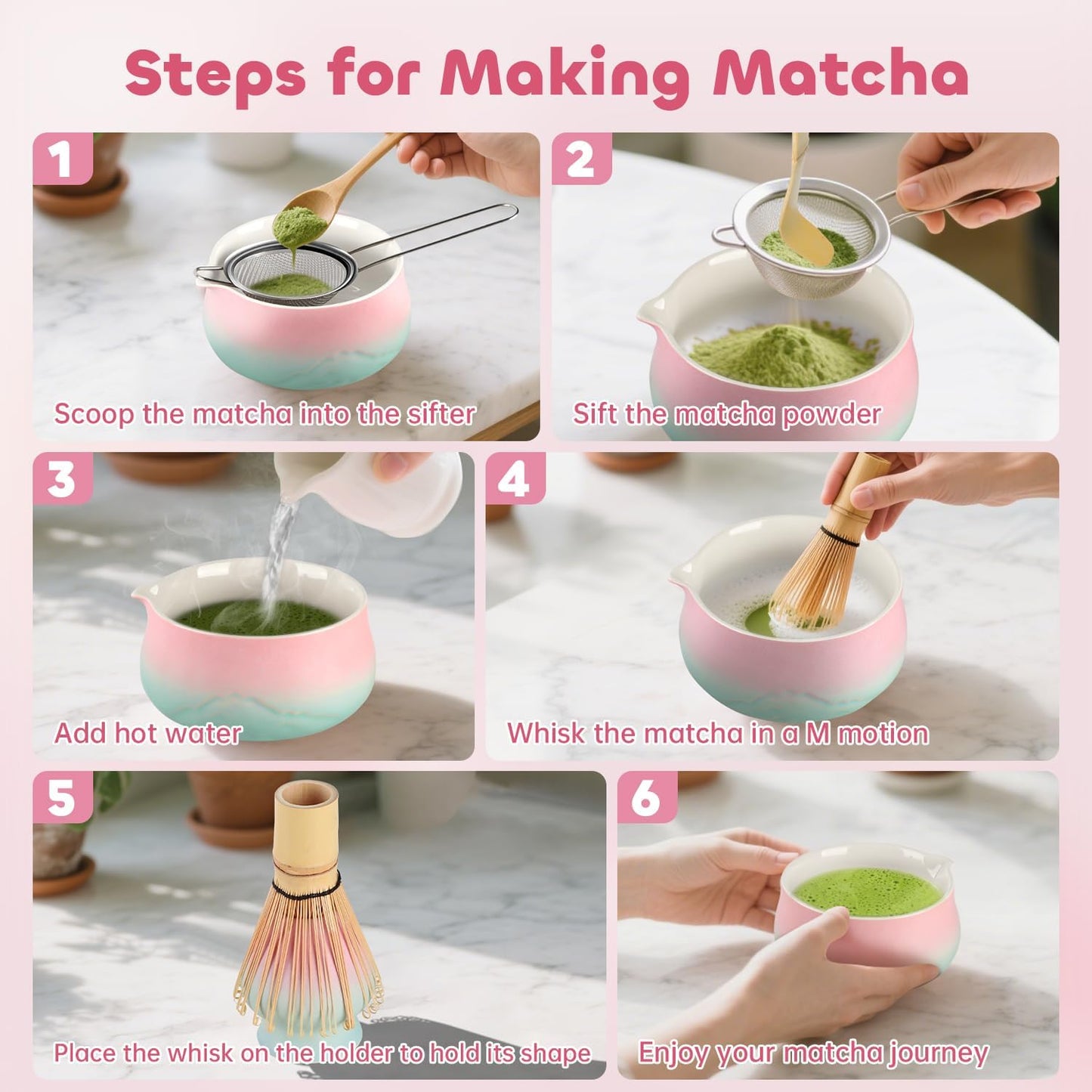 Matcha Whisk Set, Matcha Kit 7 Pcs Includes Bowl, Whisk and Holder, Bamboo Scoop, Scoop Rest, Sifter and Tea Towel, Matcha Kit Set for Tea Ceremony