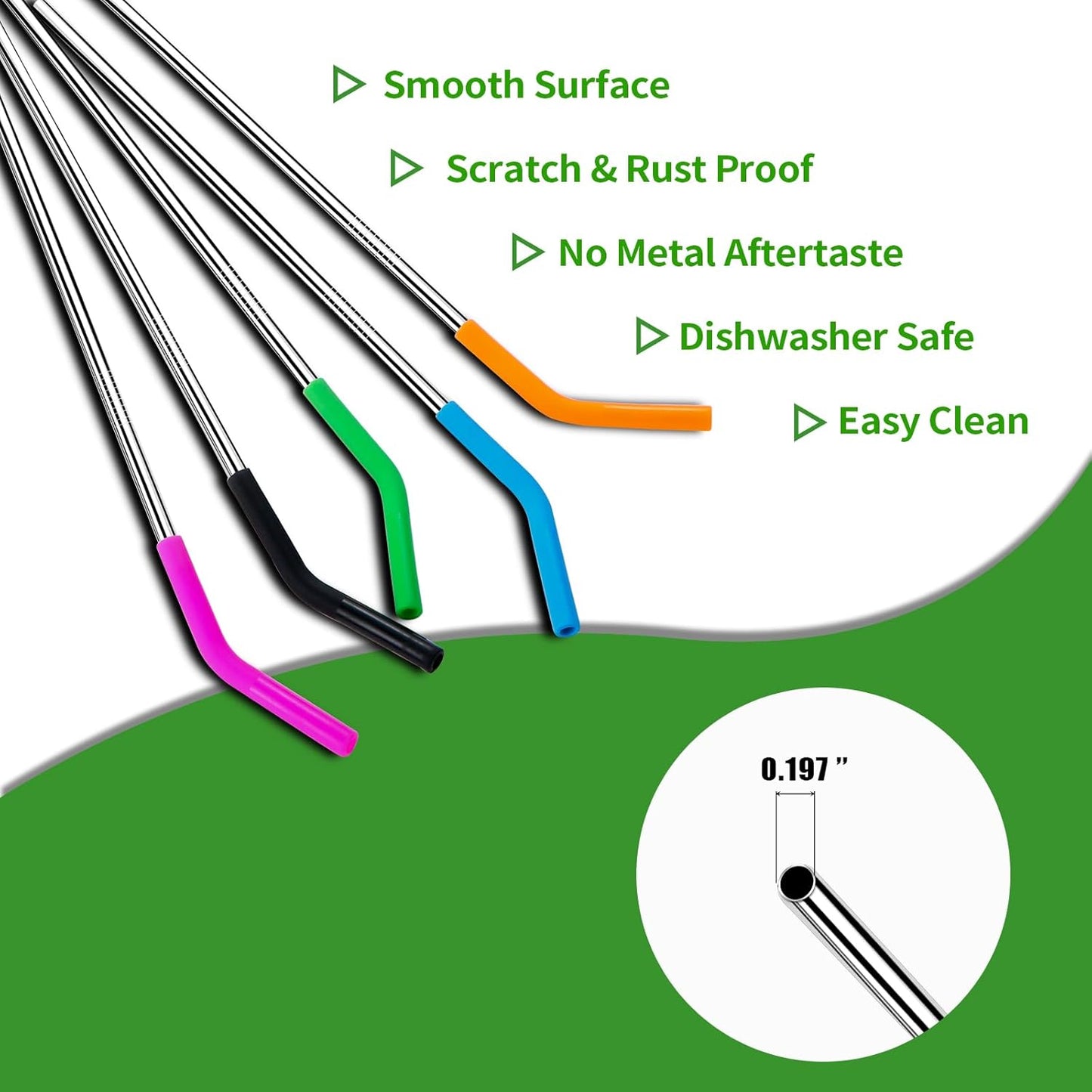 Lazycorner 10 Pcs Metal Straw Reusable 8.5" 6mm Stainless Steel Straws,20oz-32oz, Silver Drinking Straws with Silicone Tips, 4 Straw Cleaner Brush, 1 Travel Case