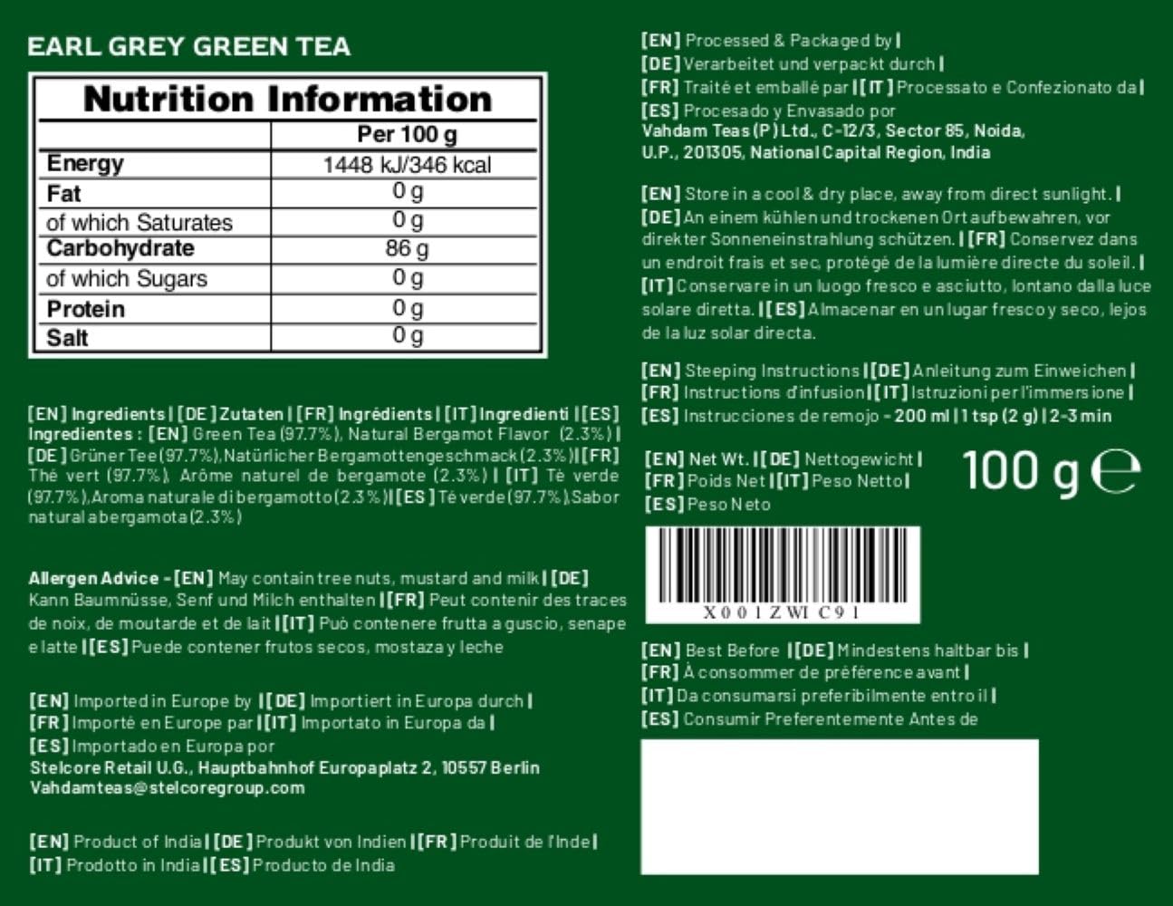 VAHDAM, Earl Grey Citrus Green Tea Loose Leaf (50+ Cups, 3.5 oz) Loose Leaf Earl Grey Green Tea With Pure Bergamot Oil | High Elevation Grown | Vacuum Sealed for Freshness
