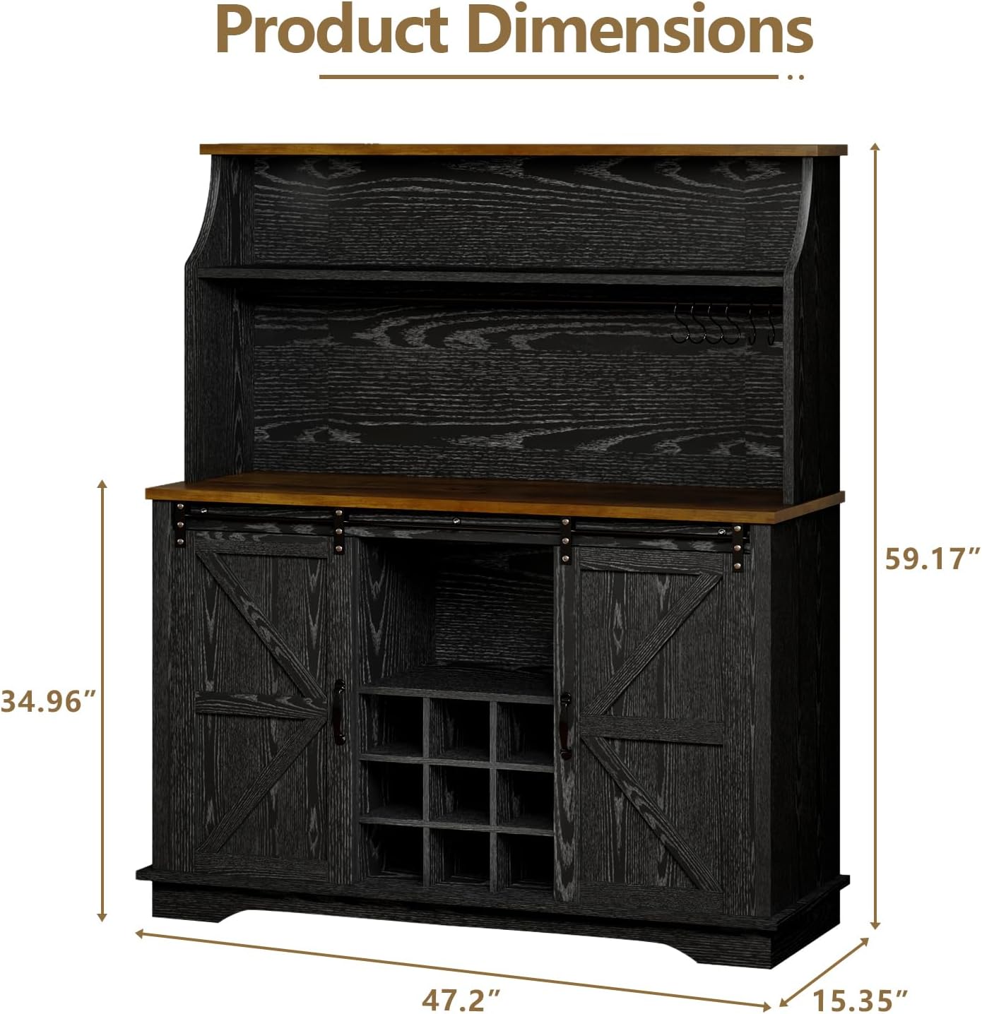 47 Inch Farmhouse Coffee Bar Cabinet with 3-Tier Storage, Kitchen Hutch with 9 Wine Racks & 3 Glass Holders, Coffee Bar with 6 Hooks, Wine Bar Cabinet for Dining Living Room, Black
