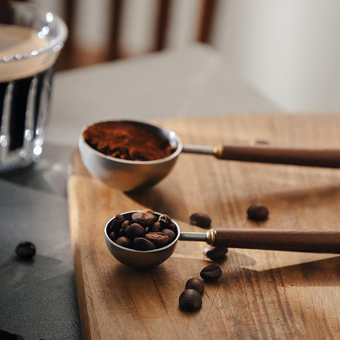 Coffee Spoon - Vintage Walnut Wood Handle, Stainless Steel Coffee Scoop ，Stainless Steel Tea Scoopand Seasoning Spoons (1, Rose Gold, 10g Capacity)
