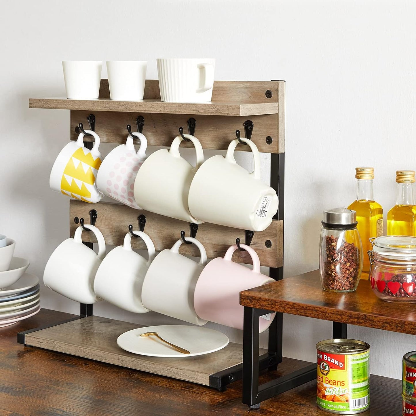 IBUYKE Rustic Coffee Mug Holder Stand, 2 Tier Countertop Mug Tree Holder Rack with Storage Base, Vintage Mug Holders for Kitchen, Holds 8 Mugs, Beige UTBJ002Y