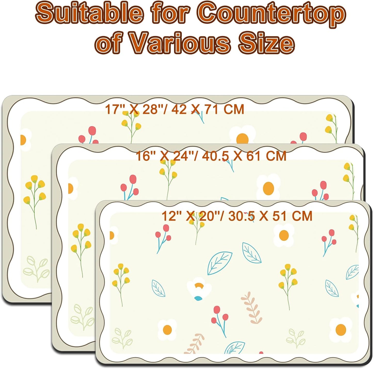 Dish Drying Mat for Kitchen Counter, 12" X 20" Absorbent Coffee Maker Mat for Countertops, Easy to Clean Kitchen Drying Matt Rubber Backing for Coffee Espresso Machine Dish Rack Pad, Cute Flower