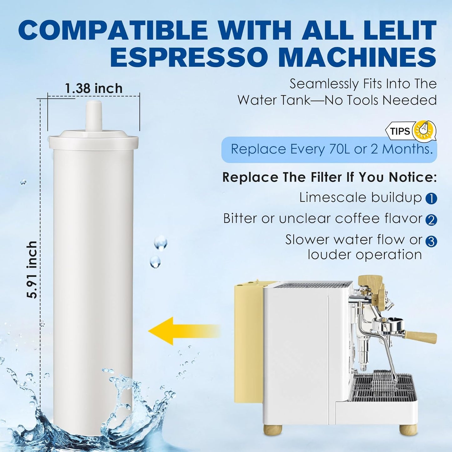 Qualirey Cationic Resin Filter, Compatible with LELIT PLA930M Espresso Machines, 70L Water Softener for Tank, PDCCL05MLT0ZXX1, Removes Calcium & Magnesium, Releases Sodium, Prevents Limescale, White