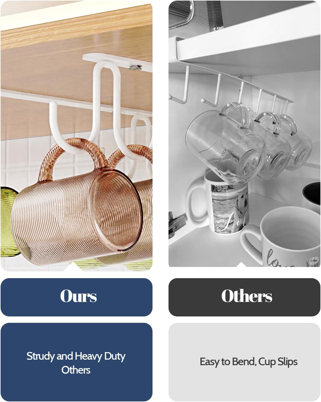 Mug Hooks Under Cabinet 3 Pack, Coffee Cup Hooks for Hanging Under Shelf, Mug Organizer Rack with 12 Hooks for Displaying Mugs, Coffee Cups and Kitchen Utensils, White