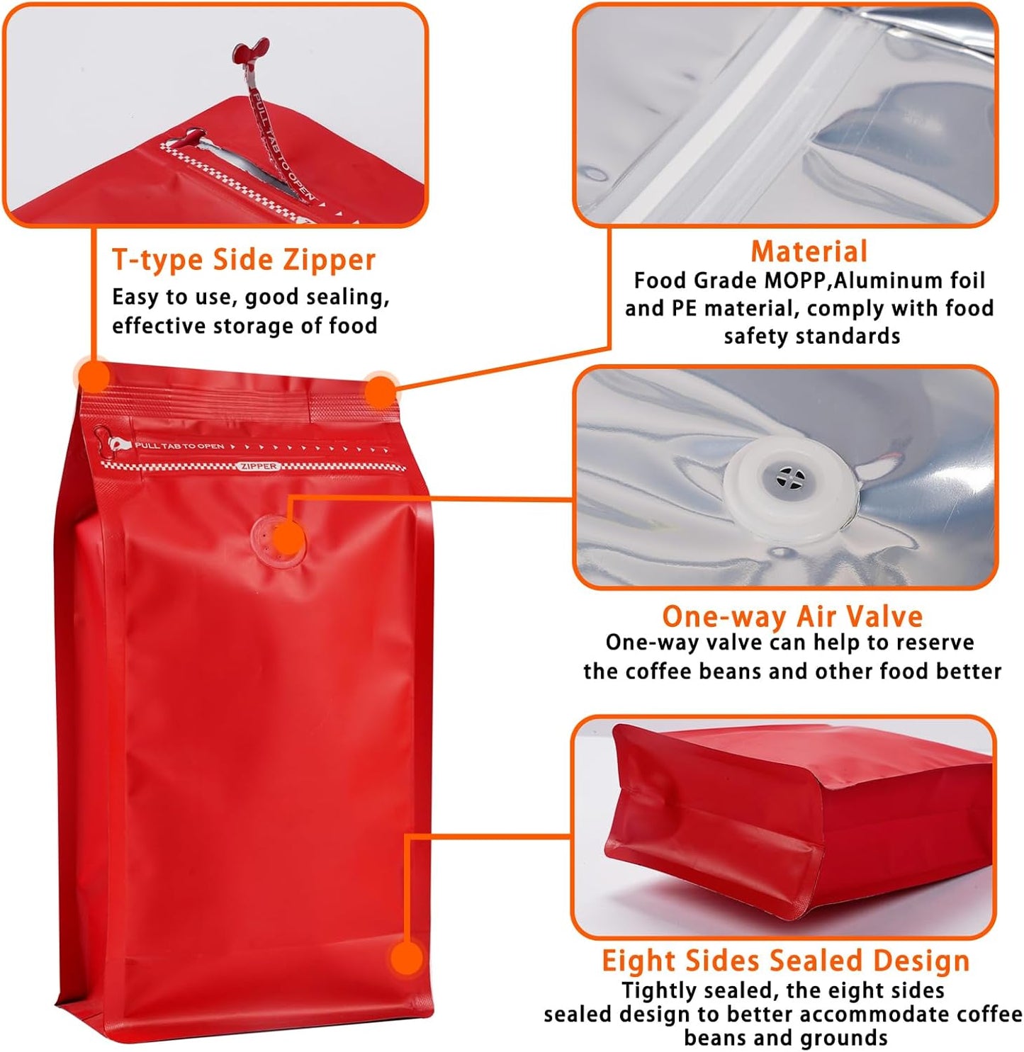 Coffee Bags with Valve (50 PCS,8oz/0.5lb) Red High Barrier Aluminum Foil Flat Bottom Standing Coffee Beans Storage Packaging Bags, Reusable Heat Seal Side Zipper Pouches for Small Business and Home