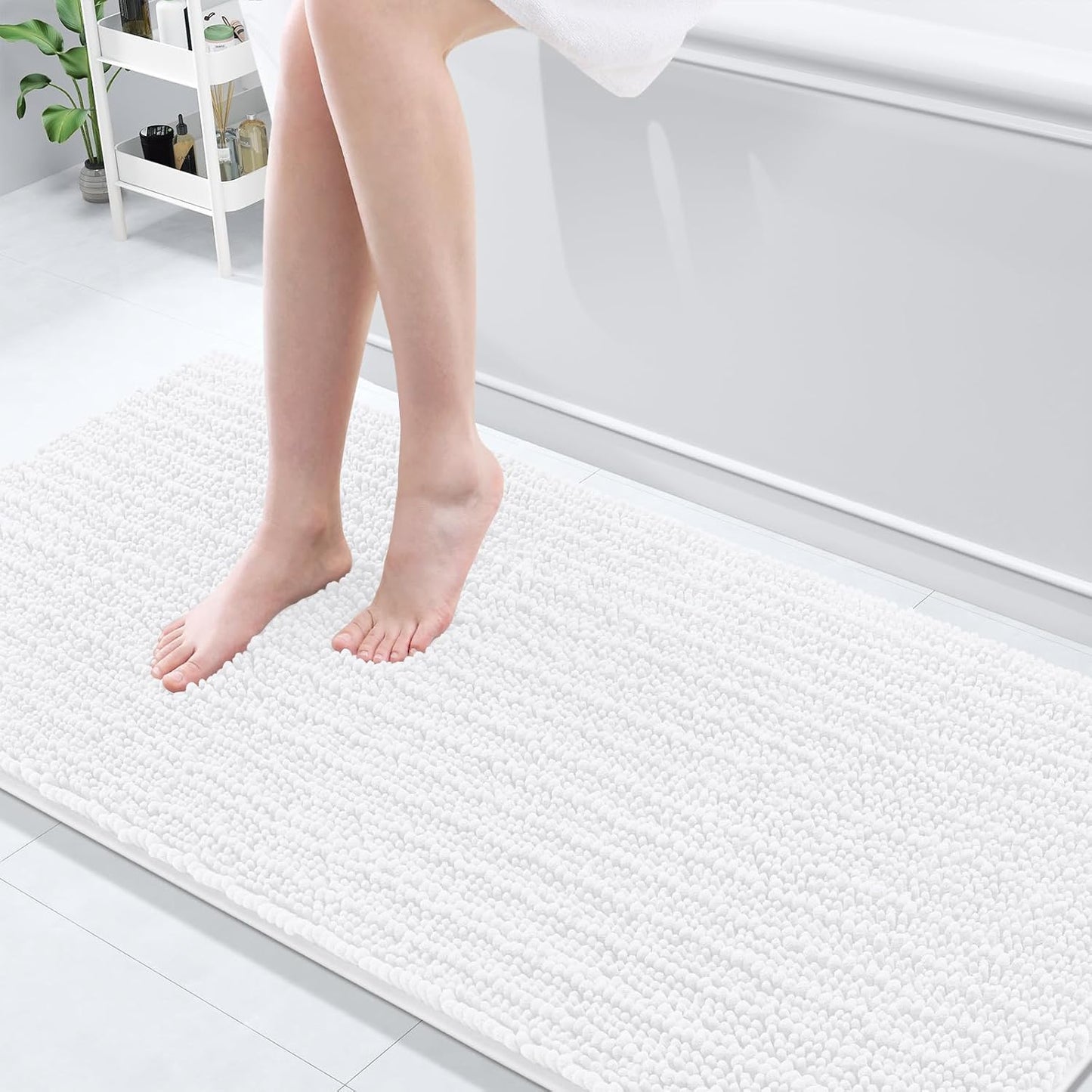 Arotive Luxury Chenille Bathroom Rug Mat, Extra Soft Thick Absorbent Shaggy Bath Rugs, Non-Slip Machine Wash Dry, Plush Bath Mats for Bathroom, Shower and Tub, 70x24, White