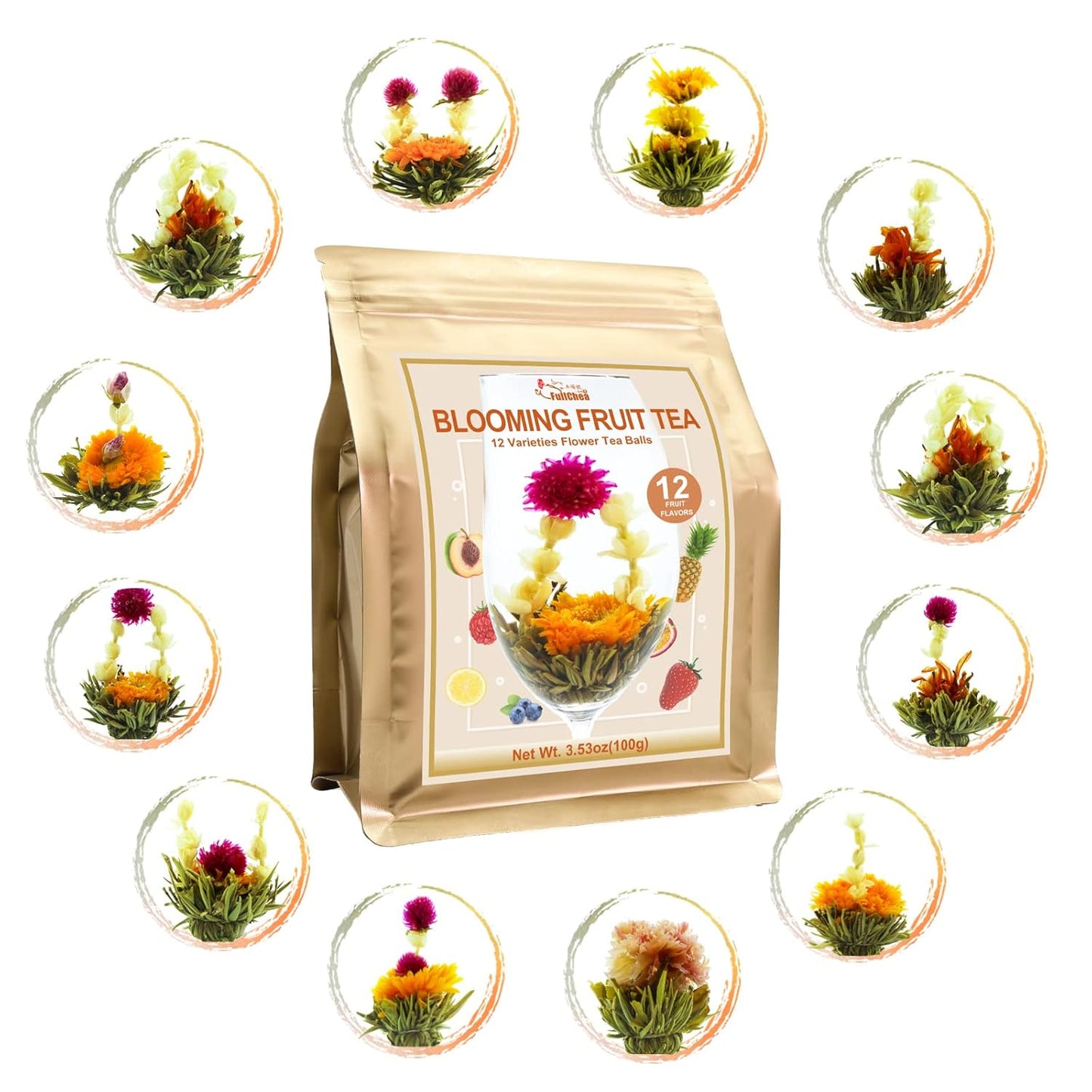 FullChea - Blooming Flowering Tea, 12 Unique Varieties - Flowering Tea in 12 Delicious Fruit Flavors - Gift For Tealovers, Christmas, Anniversary, Valentine, Birthday