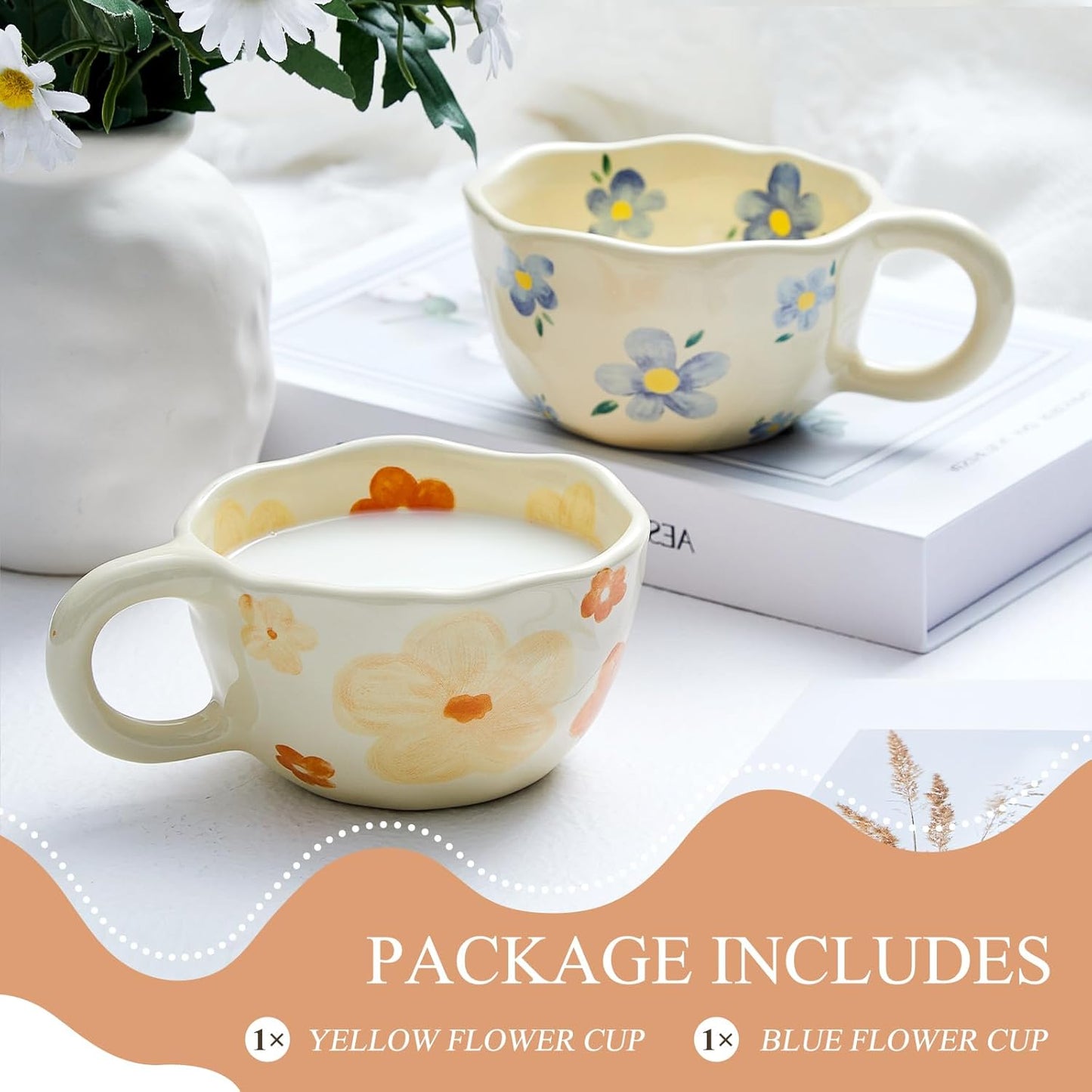 Vesici 2 Pcs Ceramic Coffee Mugs Flower Cups with Spoon Vintage Floral Mugs with Handle 8.5 oz Aesthetic Tea Porcelain Cup Gift for Valentine Office Home, Dishwasher and Microwave Safe(Vivid)