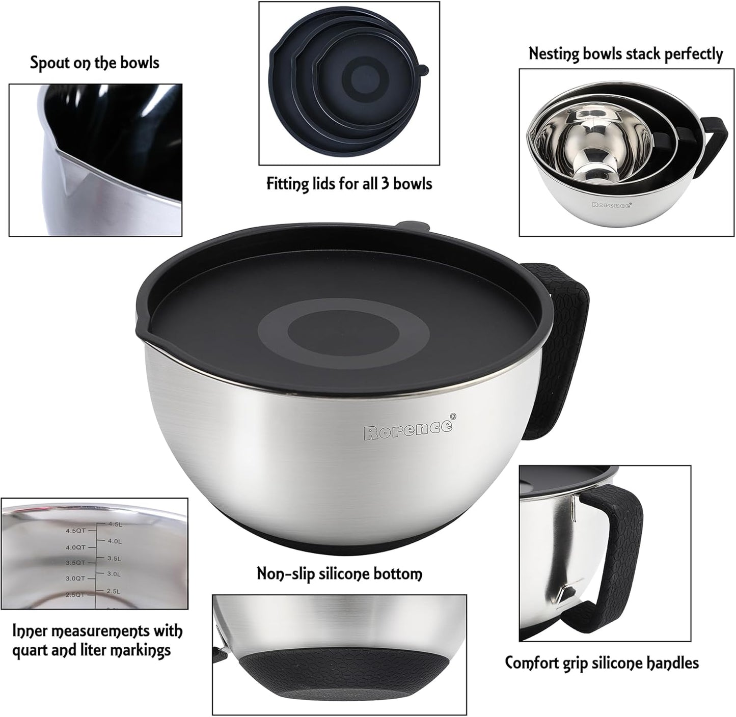 Rorence Stainless Steel Mixing Bowls: Metal Mixing Bowl Set with Lids and Handles Non-slip Silicone Bottom Nesting Bowls for Kitchen Set of 3 - Black