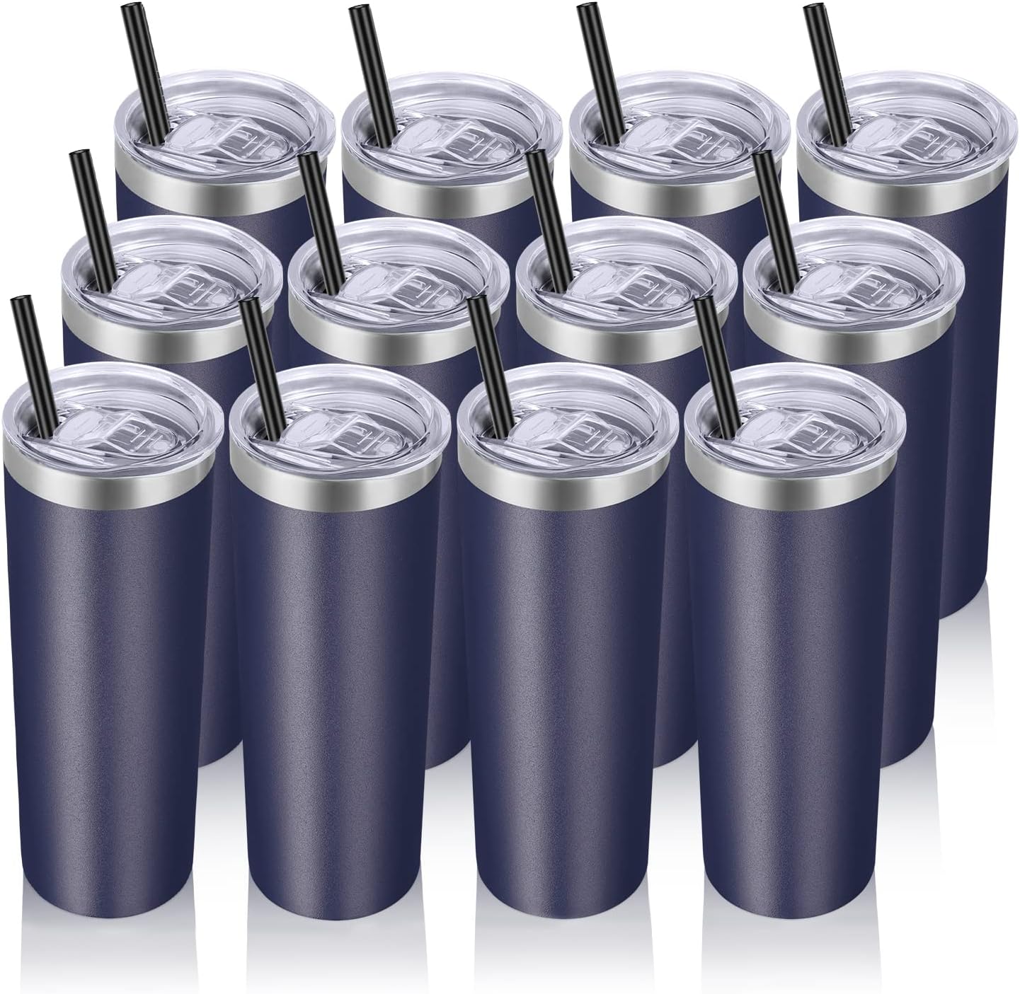VEGOND Stainless Steel Tumblers Bulk 12 Pack, 20 oz Vacuum Insulated Skinny Tumblers with Lids and Straws, Double Wall Coffee Mug, Travel Water Cup, Navy Blue