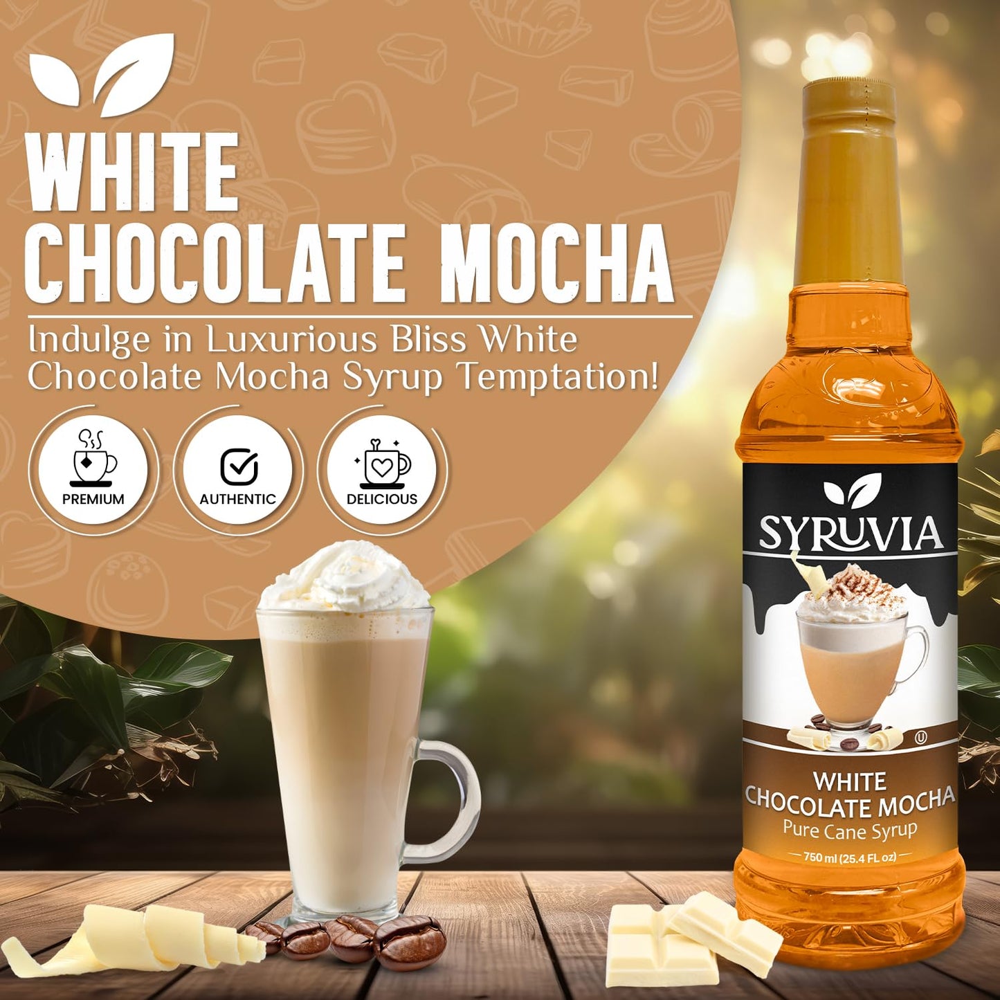Syruvia White Chocolate Mocha Syrup For Coffee 25.4 Oz. - Kosher & Gluten Free, No Coloring, Perfect for Drinks, Soda, Shakes, Desserts, and More.